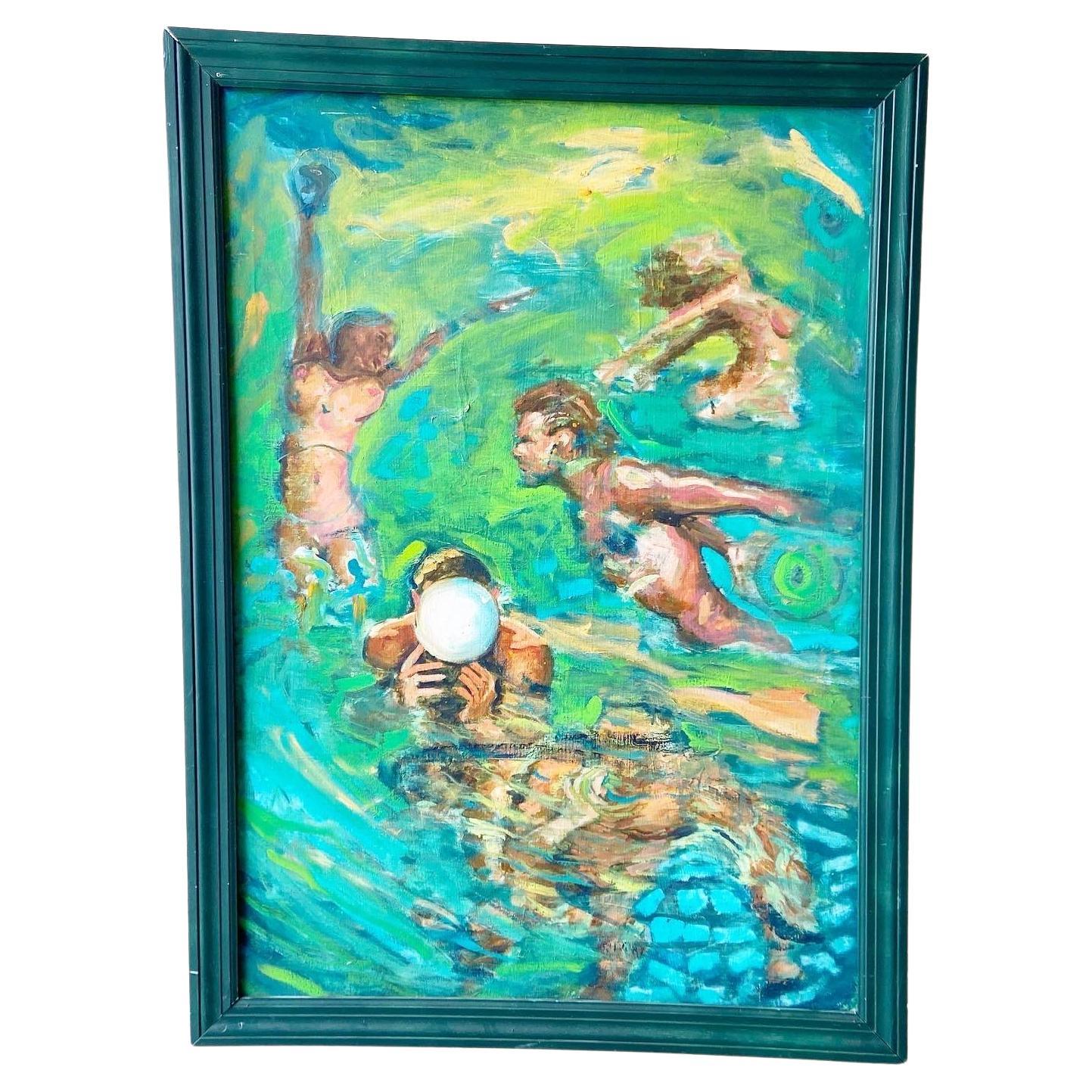 Abstract Oil Painting of Nude Swimmers and Bathers in Green Frame