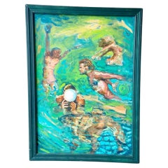 Abstract Oil Painting of Nude Swimmers and Bathers in Green Frame