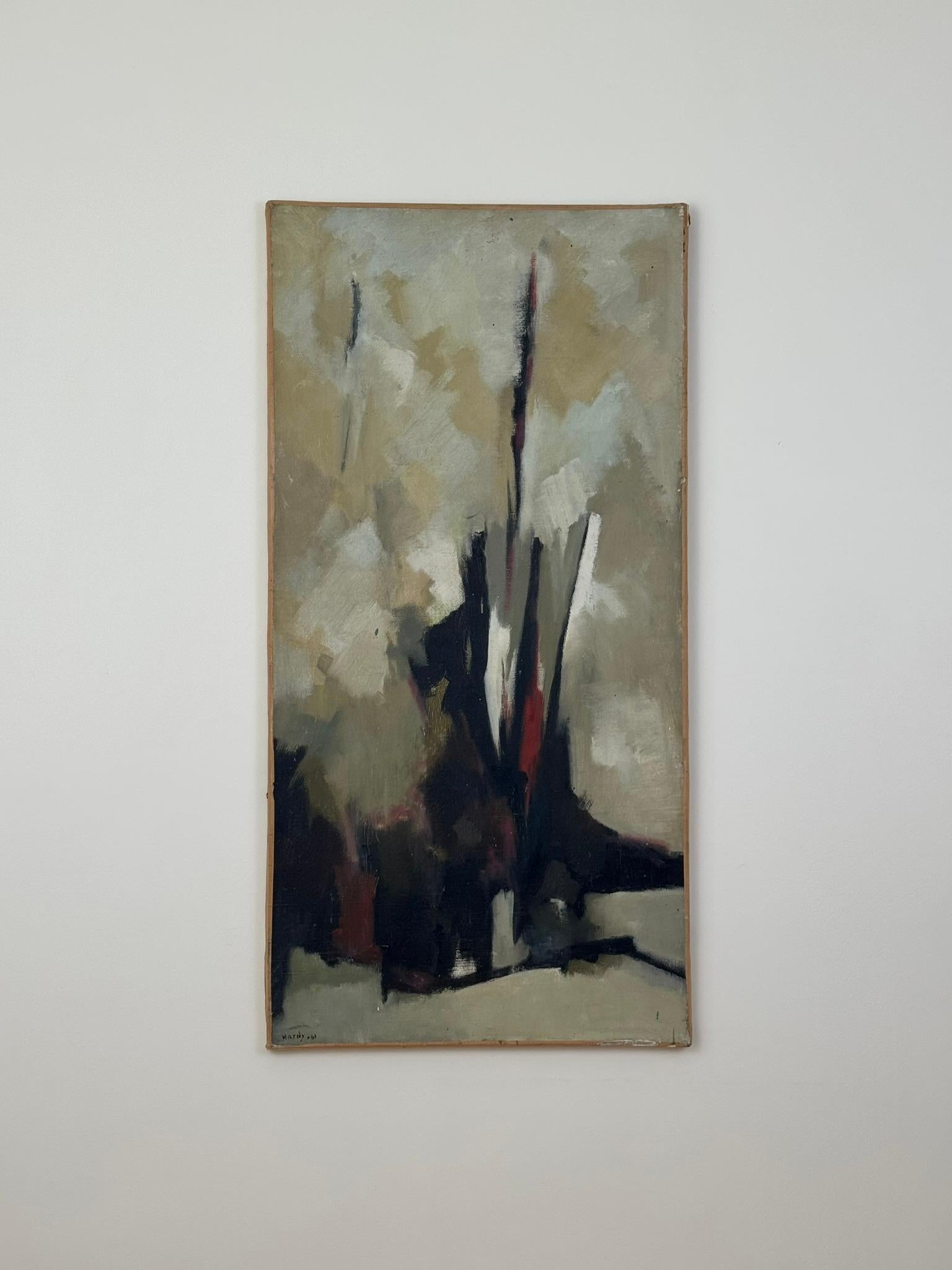 Ein abstraktes Ölgemälde auf Leinwand von Marie-Louise Hardy. Guter Vintage-Zustand mit einigen leichten Rissen in der Farbe. Ungerahmt. Signiert und datiert 1961.

Marie-Louise Hardy (1911-1987) studierte an der Kunstschule EAPSeine und wurde