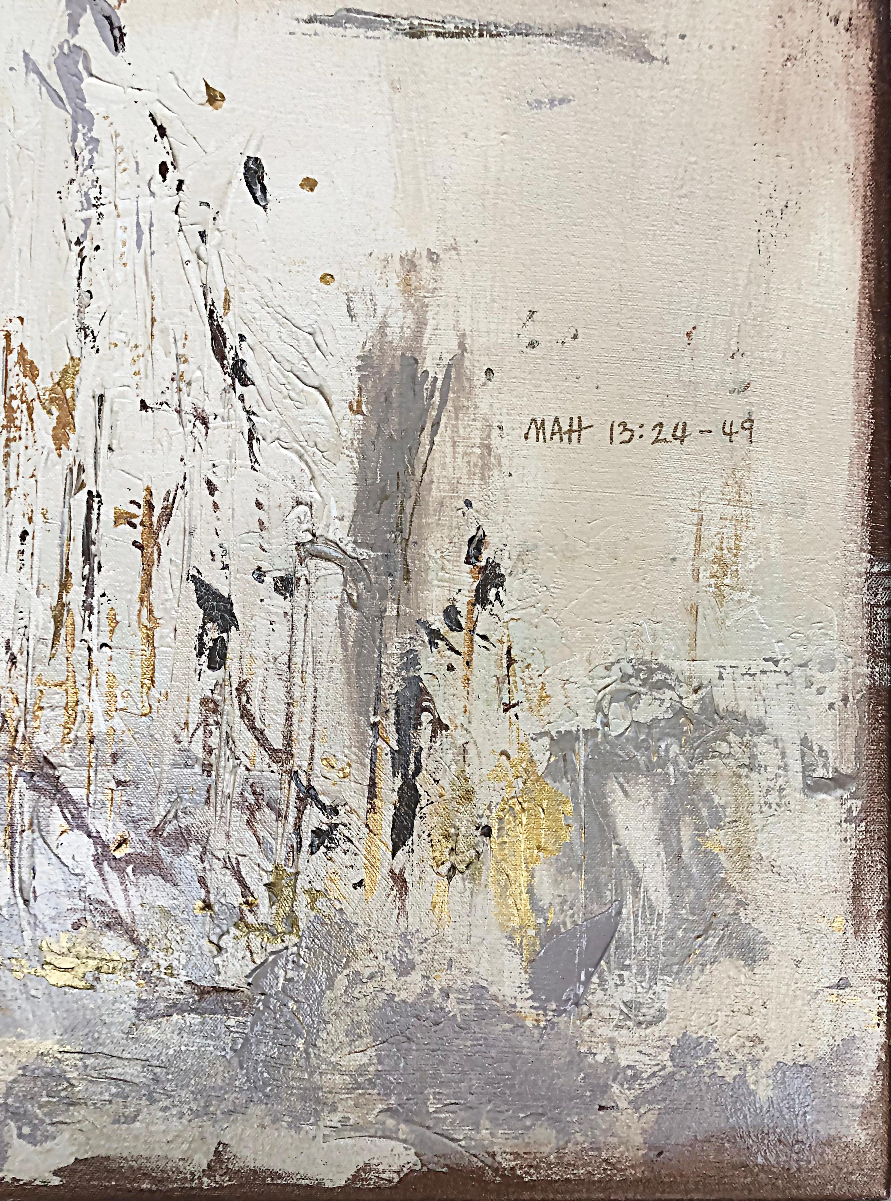 Américain Peinture à l'huile abstraite sur toile de Pat States intitulée « Matthew 13:24-49 ». en vente