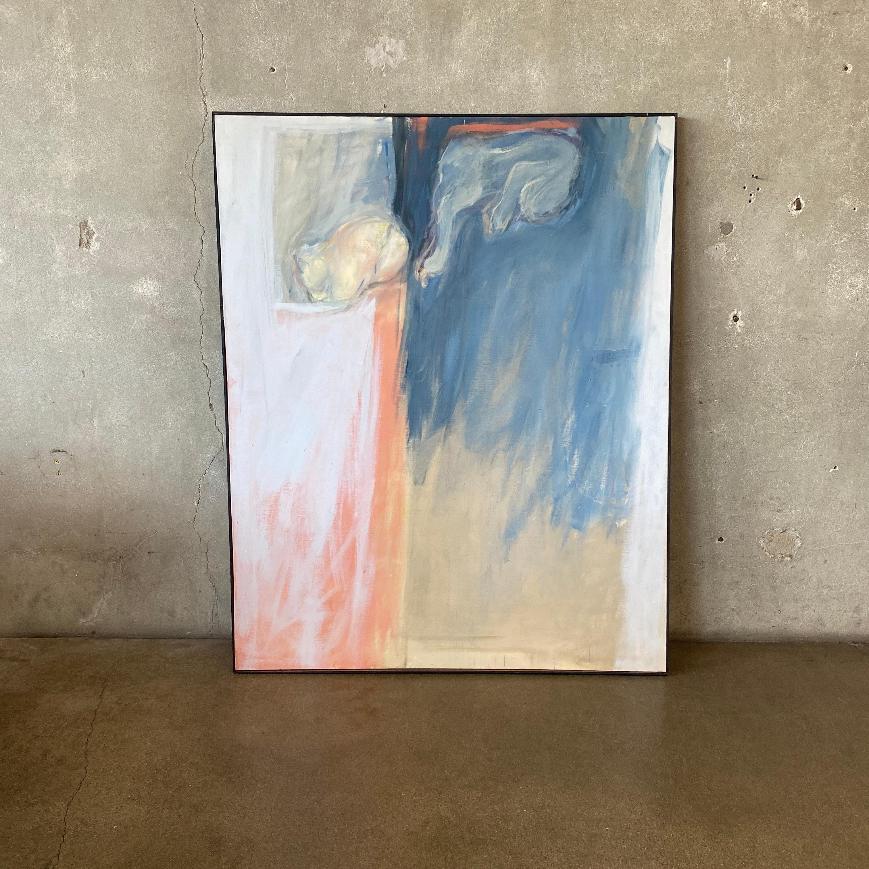 This is a large abstract oil painting on canvas by California-based artist Susan Maloney, circa the 1960s. The artist said the painting was a portrait of her cats, but you can see what you like in the composition and abstract shapes. She is a highly