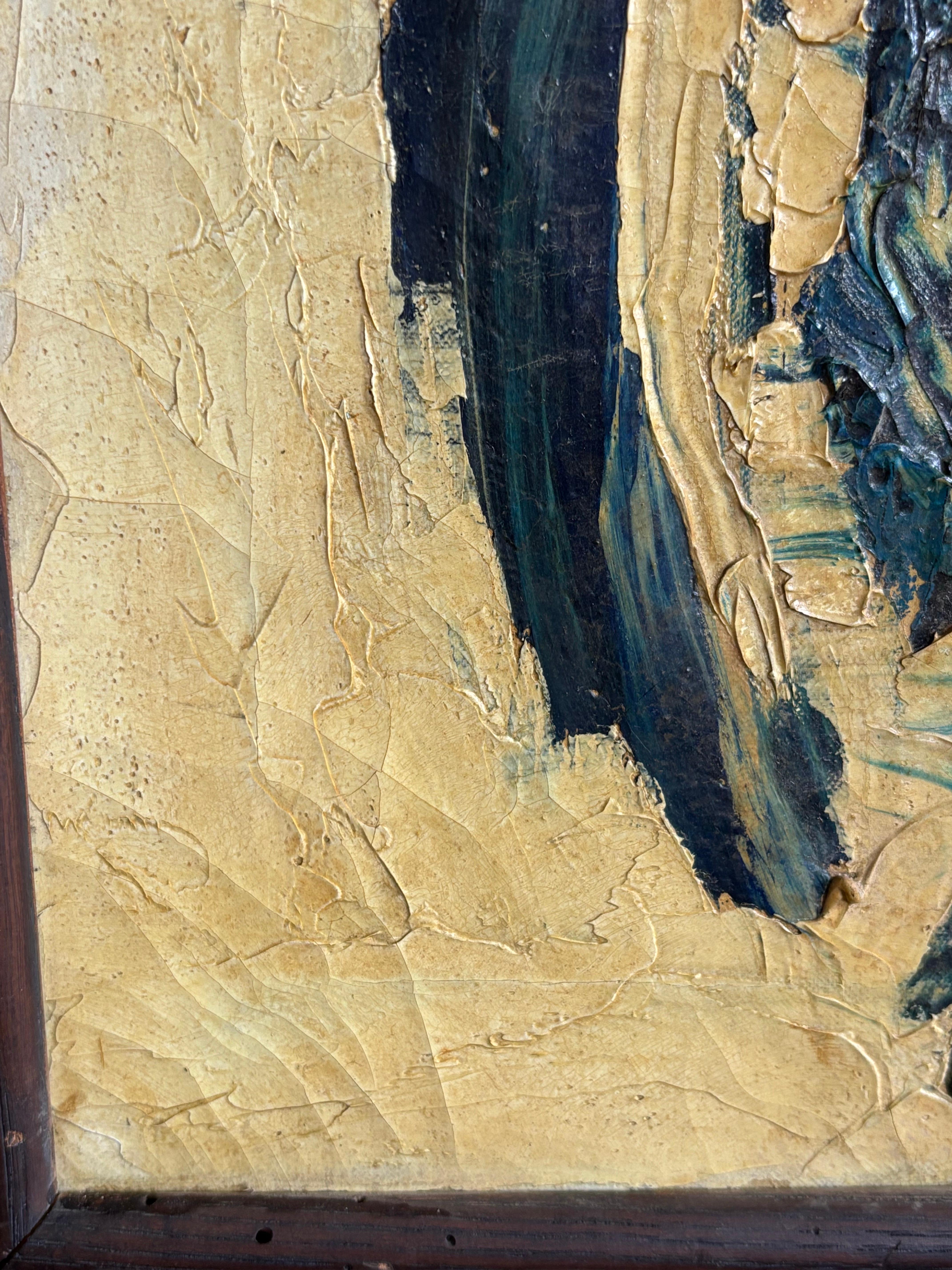 Pittura astratta su tela.  Vernice spessa su uno sfondo color crema.  La vernice presenta i tipici segni di screpolature nella vernice pesante.  Sembra un telaio d'epoca originale.  Firmato in basso a destra 1976.  Can ha un aspetto fantastico che