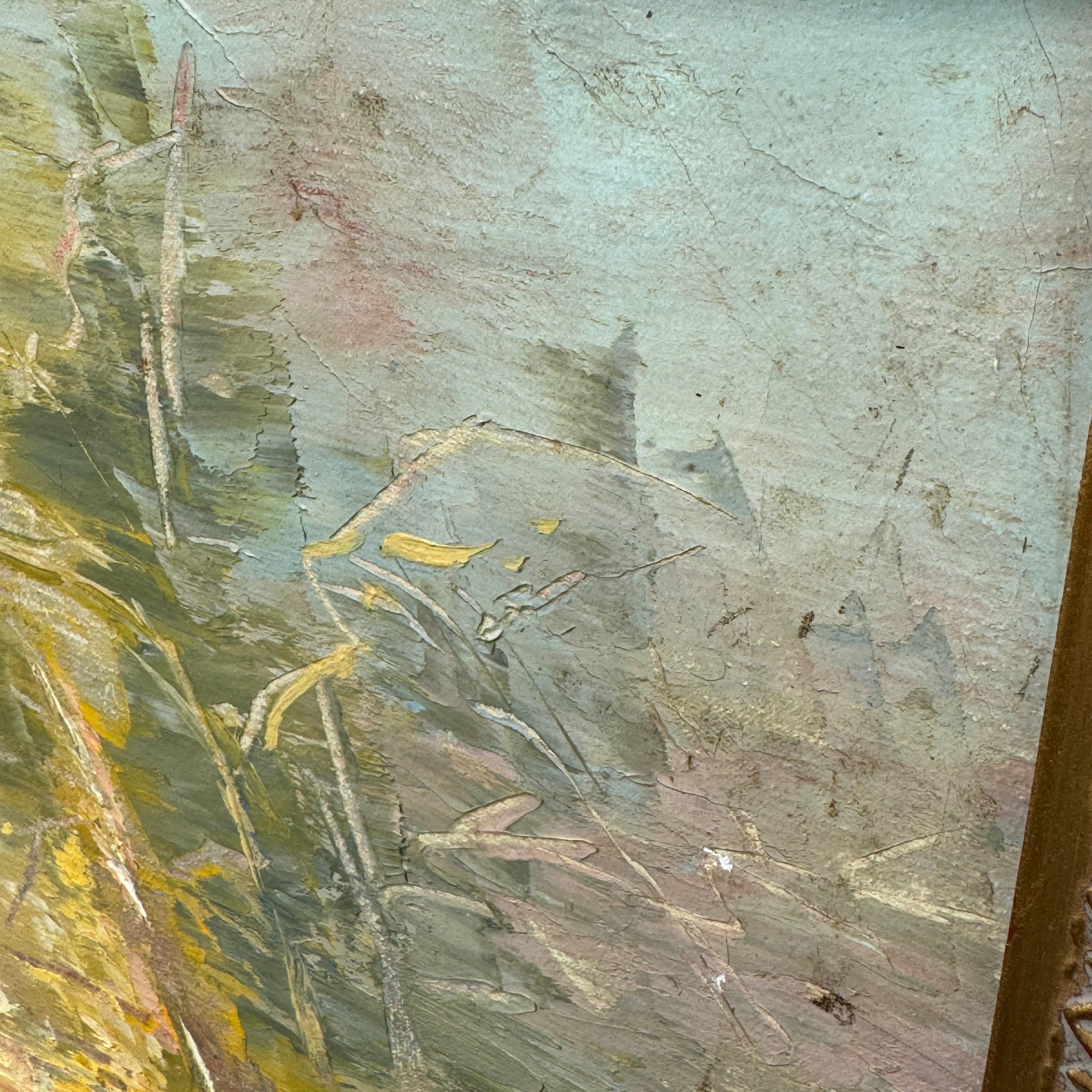 Peinture à l'huile abstraite sur toile, cadre doré, milieu du 20e siècle en vente 2