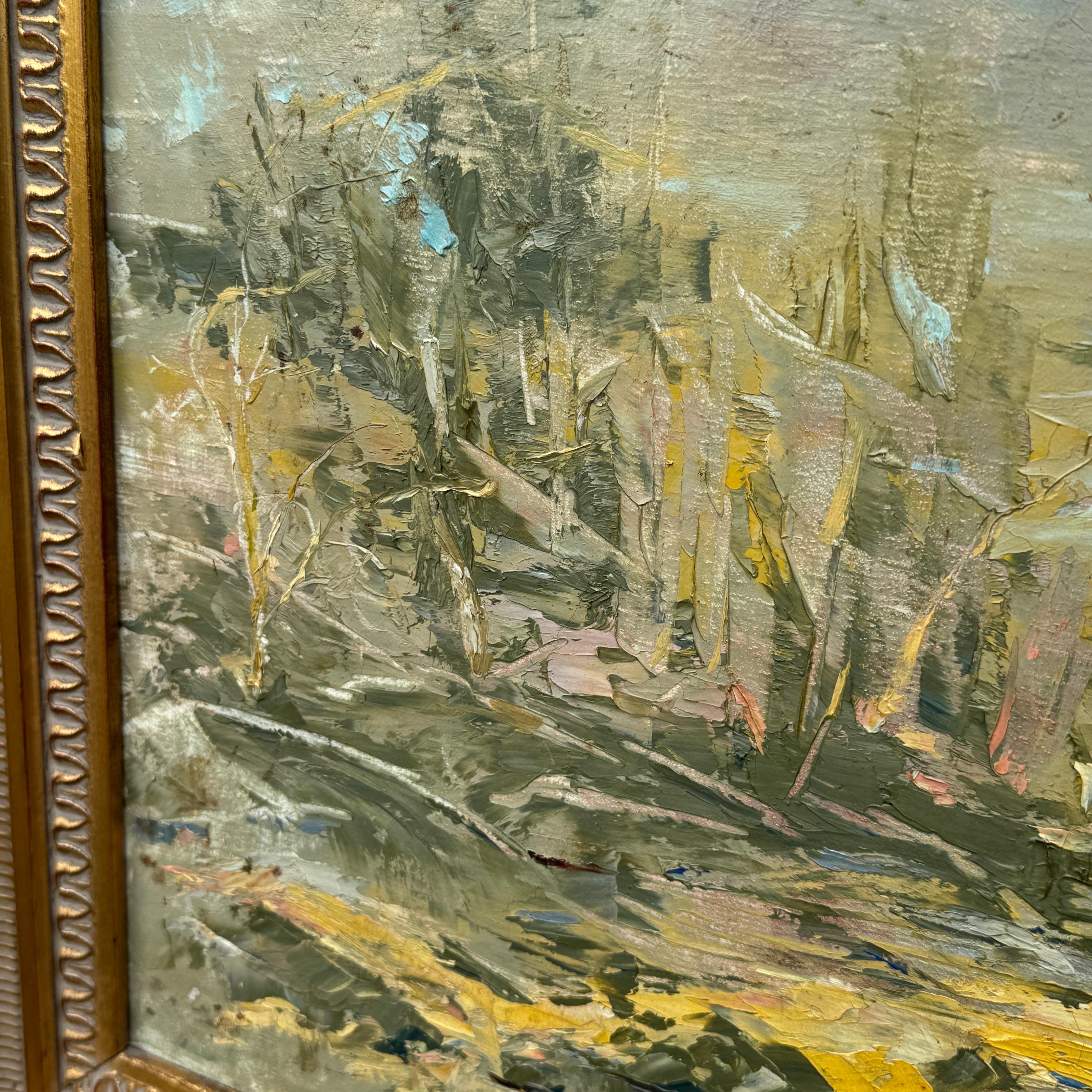 Peinture à l'huile abstraite sur toile, cadre doré, milieu du 20e siècle en vente 3