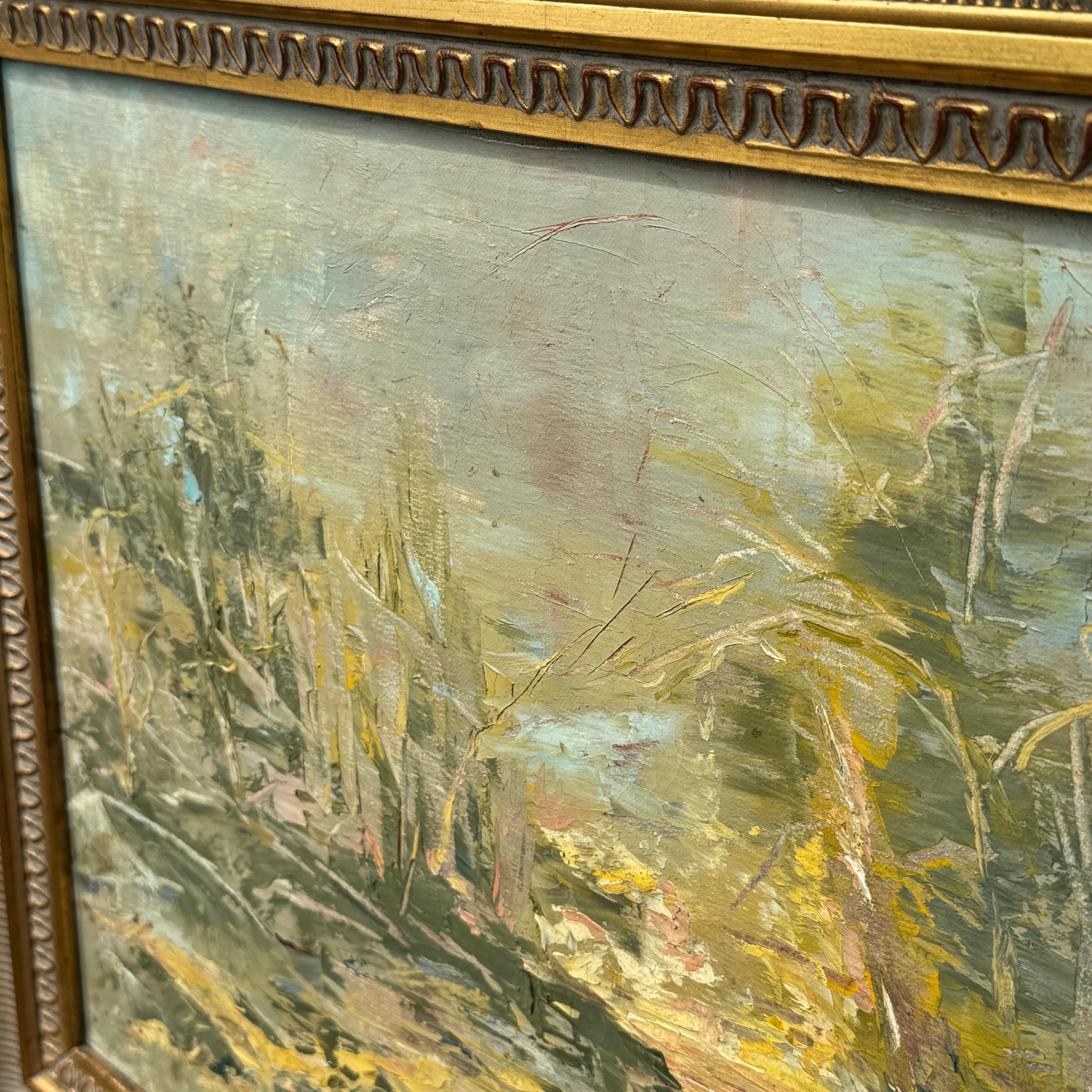 Peinture à l'huile abstraite sur toile, cadre doré, milieu du 20e siècle en vente 4