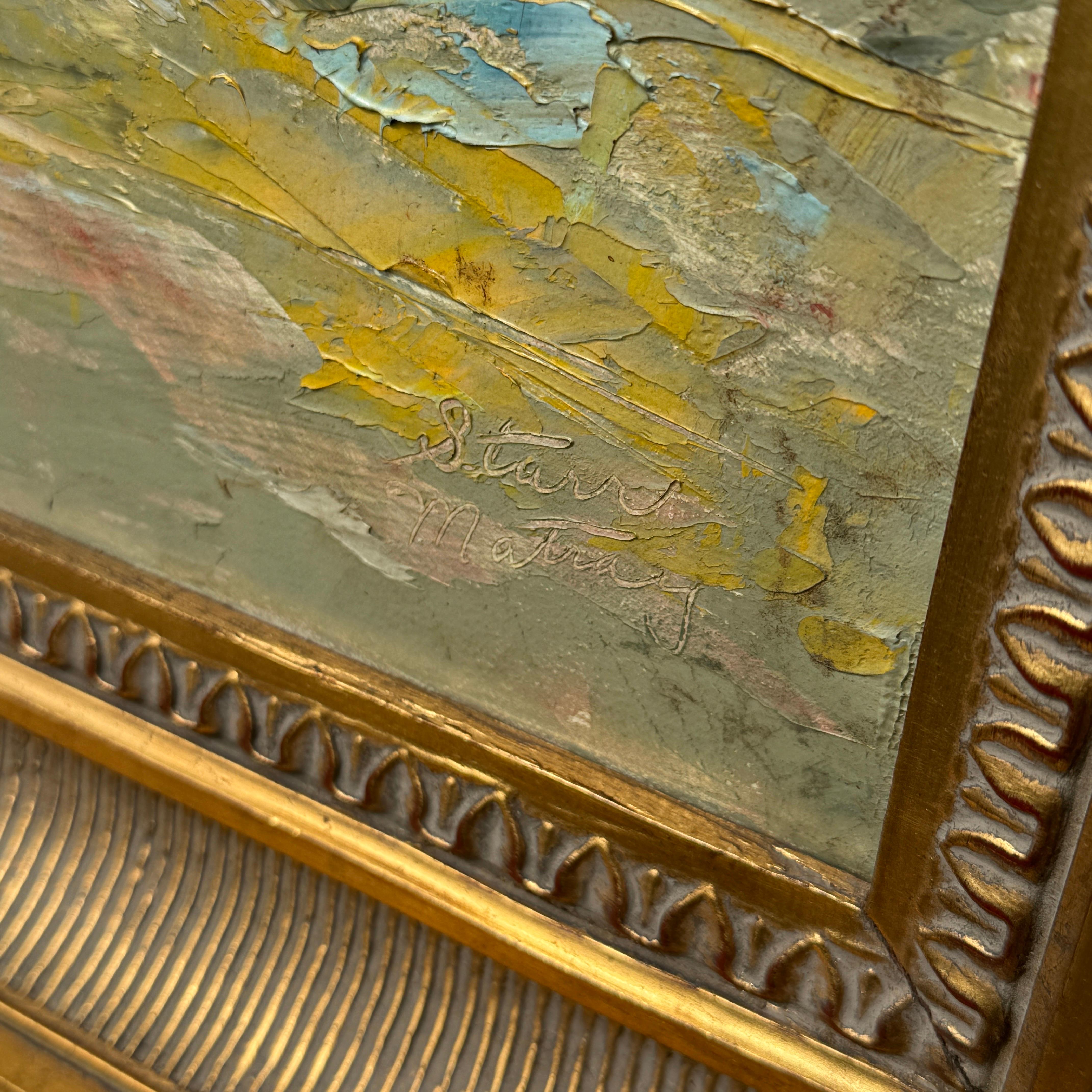 Peinture à l'huile abstraite sur toile, cadre doré, milieu du 20e siècle en vente 5
