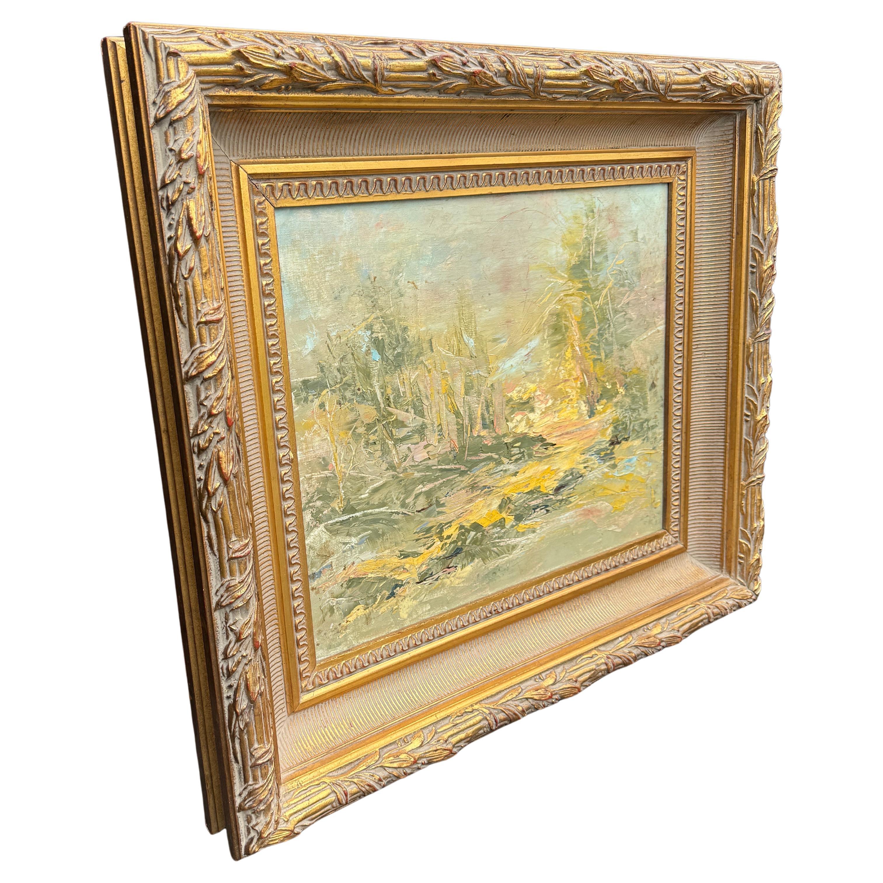 Impressionist Abstract Oil on Canvas Painting Gold Framed

A very serene abstract, painted in oil. Seemingly simple and relaxed scene yet very effective in composition. Sweeping brushstrokes imbue the work with a soothing quality, and the use of