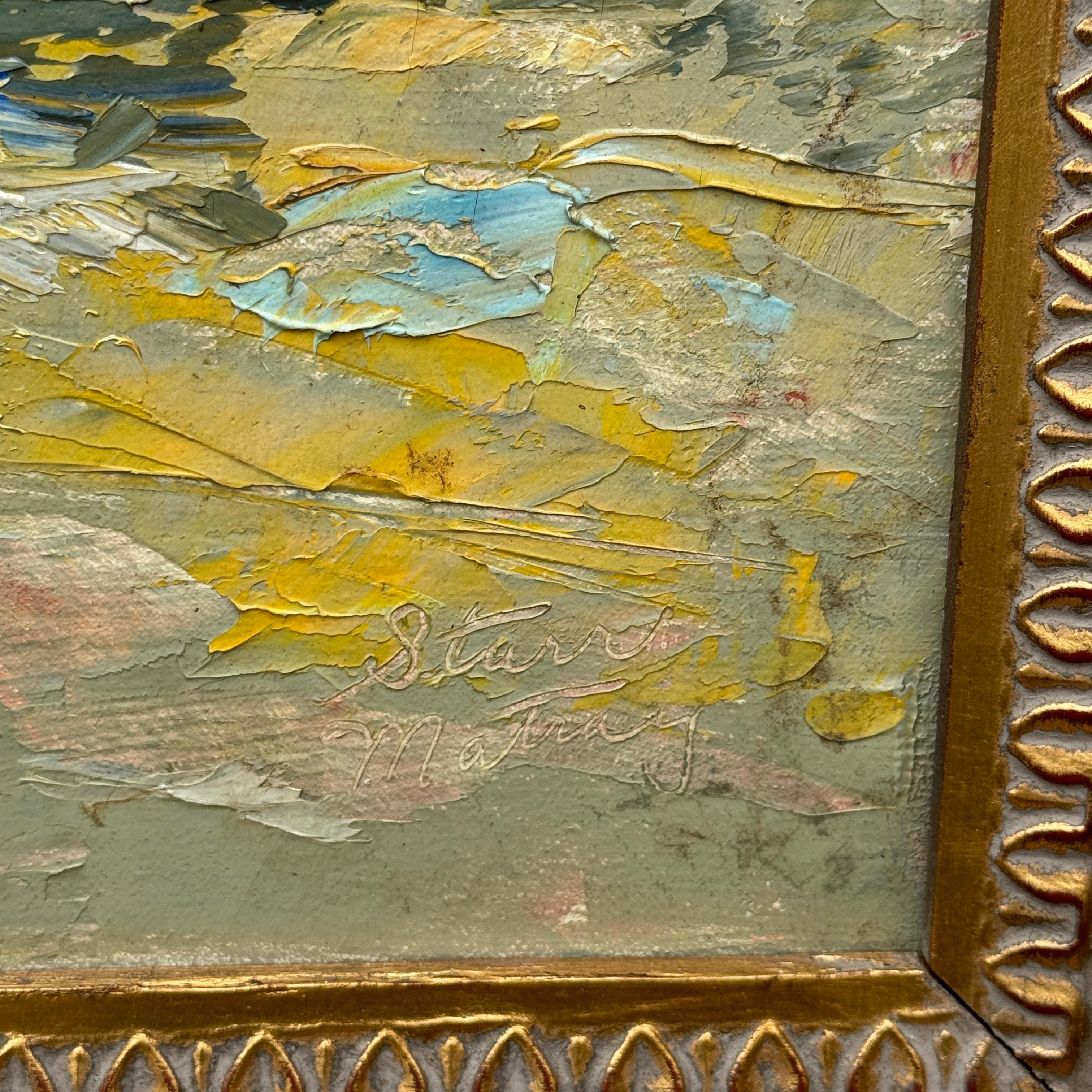 Toile Peinture à l'huile abstraite sur toile, cadre doré, milieu du 20e siècle en vente