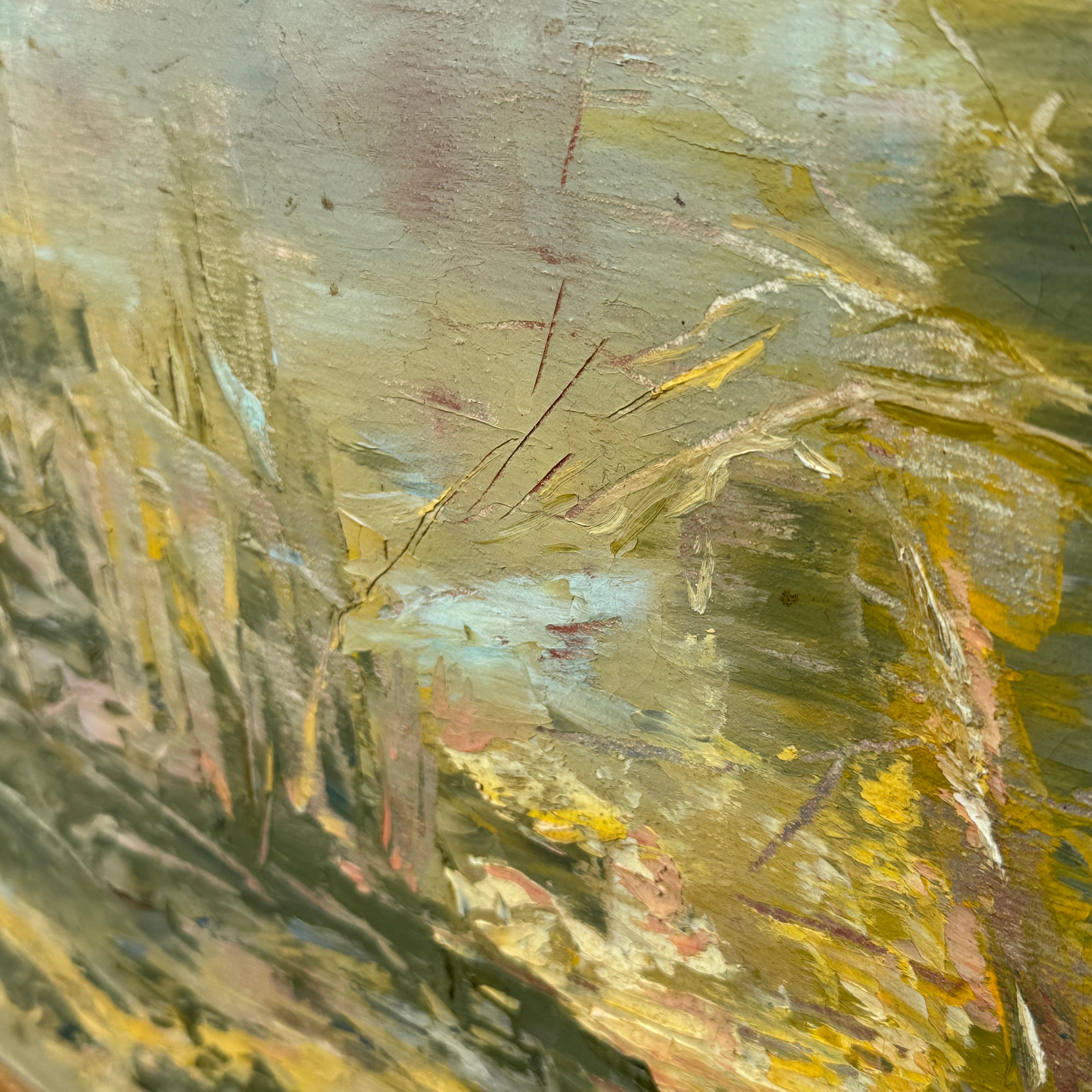 Peinture à l'huile abstraite sur toile, cadre doré, milieu du 20e siècle en vente 1