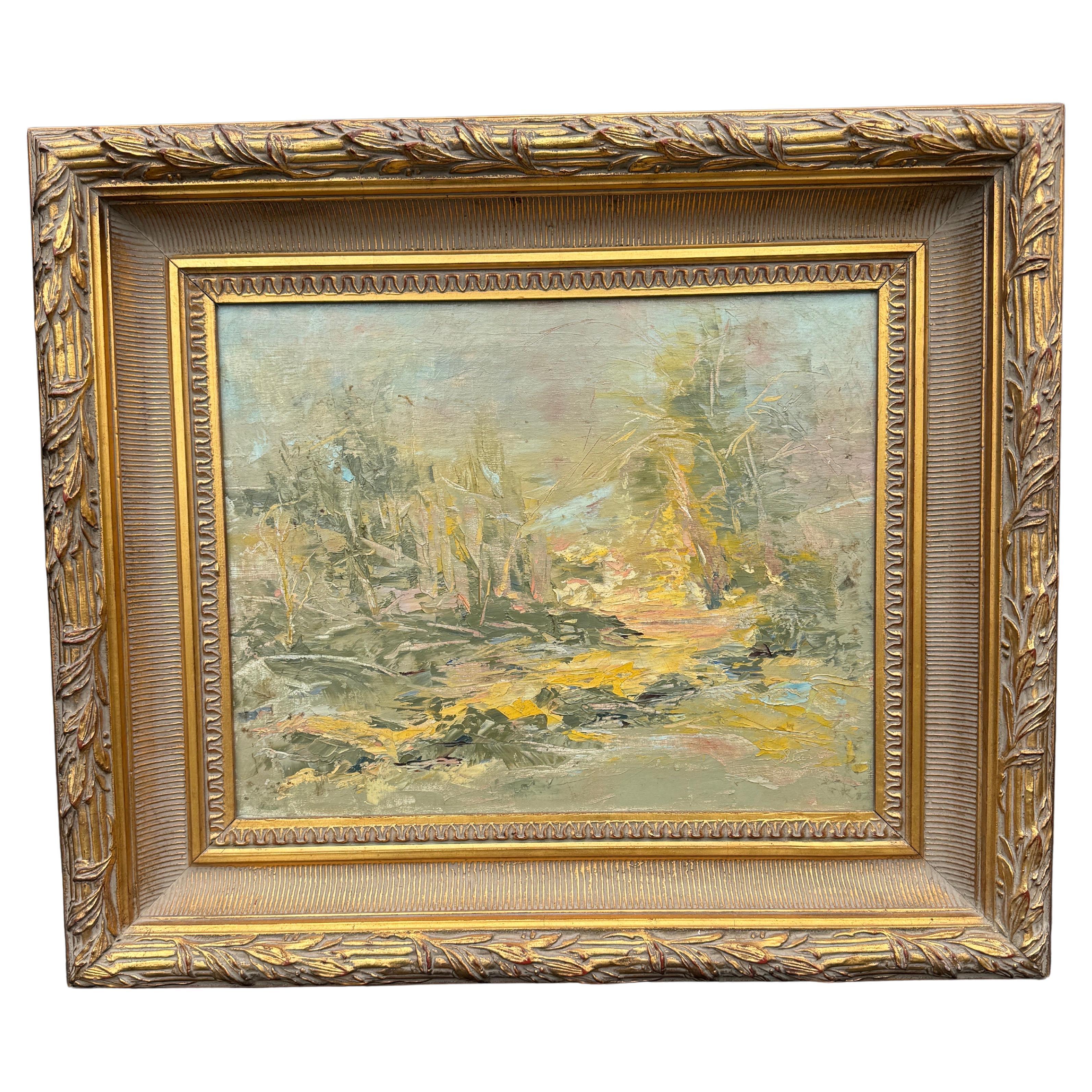 Abstract Oil Painting on Canvas, Gold Framed Mid 20th Century