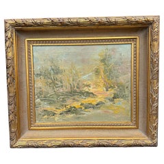 Vintage Abstract Oil Painting on Canvas, Gold Framed Mid 20th Century