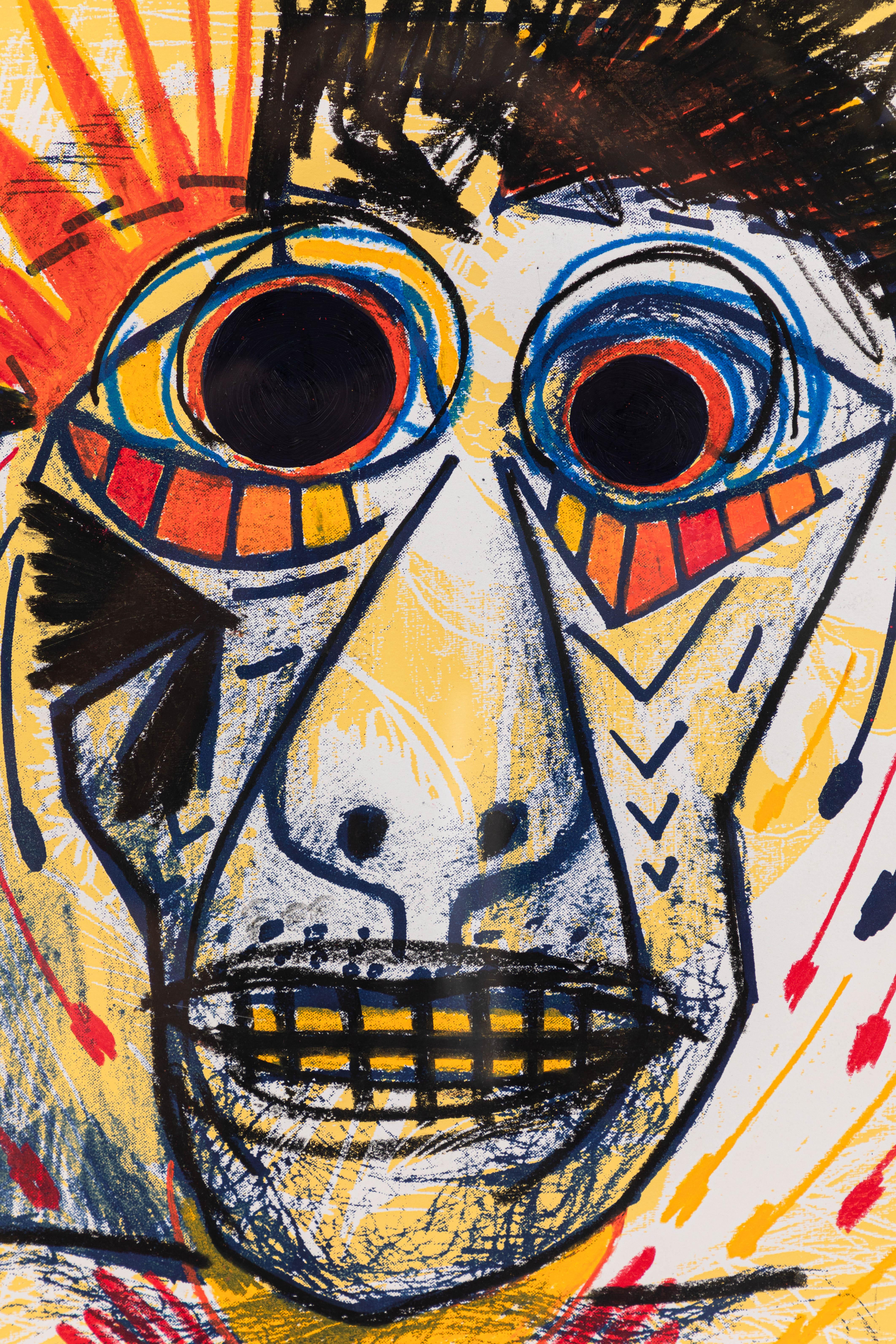 Dessin abstrait graphique et coloré réalisé au pastel à l'huile par l'artiste californien Santos Cortes. Le style rappelle les œuvres de Jean Michel Basquiat ou de Picasso. Nouvellement encadré en bois noir.