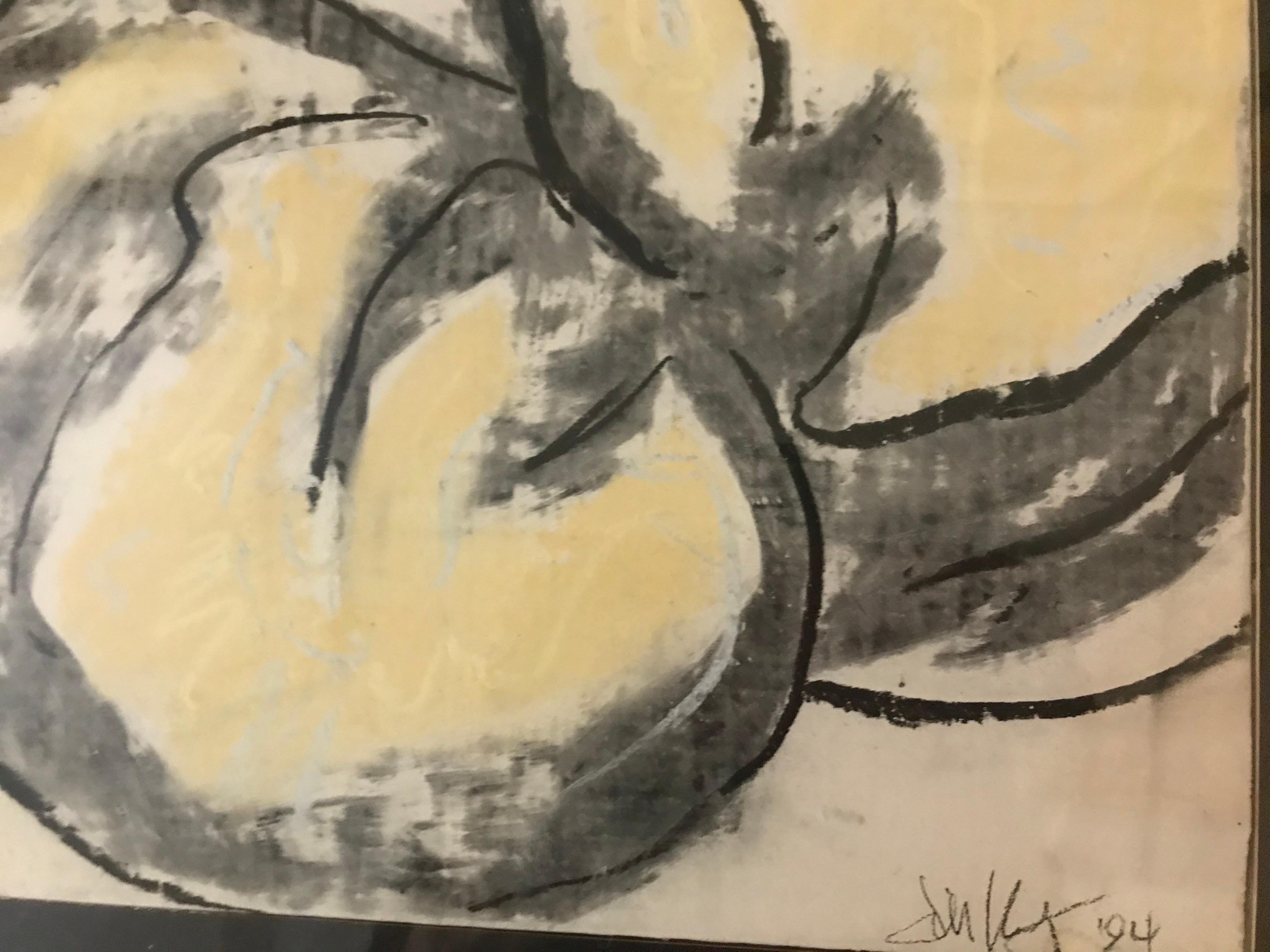 Abstract oil pastel sitting in a sycamore frame. It was signed by Jim Kras (as much as we can read the signature) and dated 1994.
    