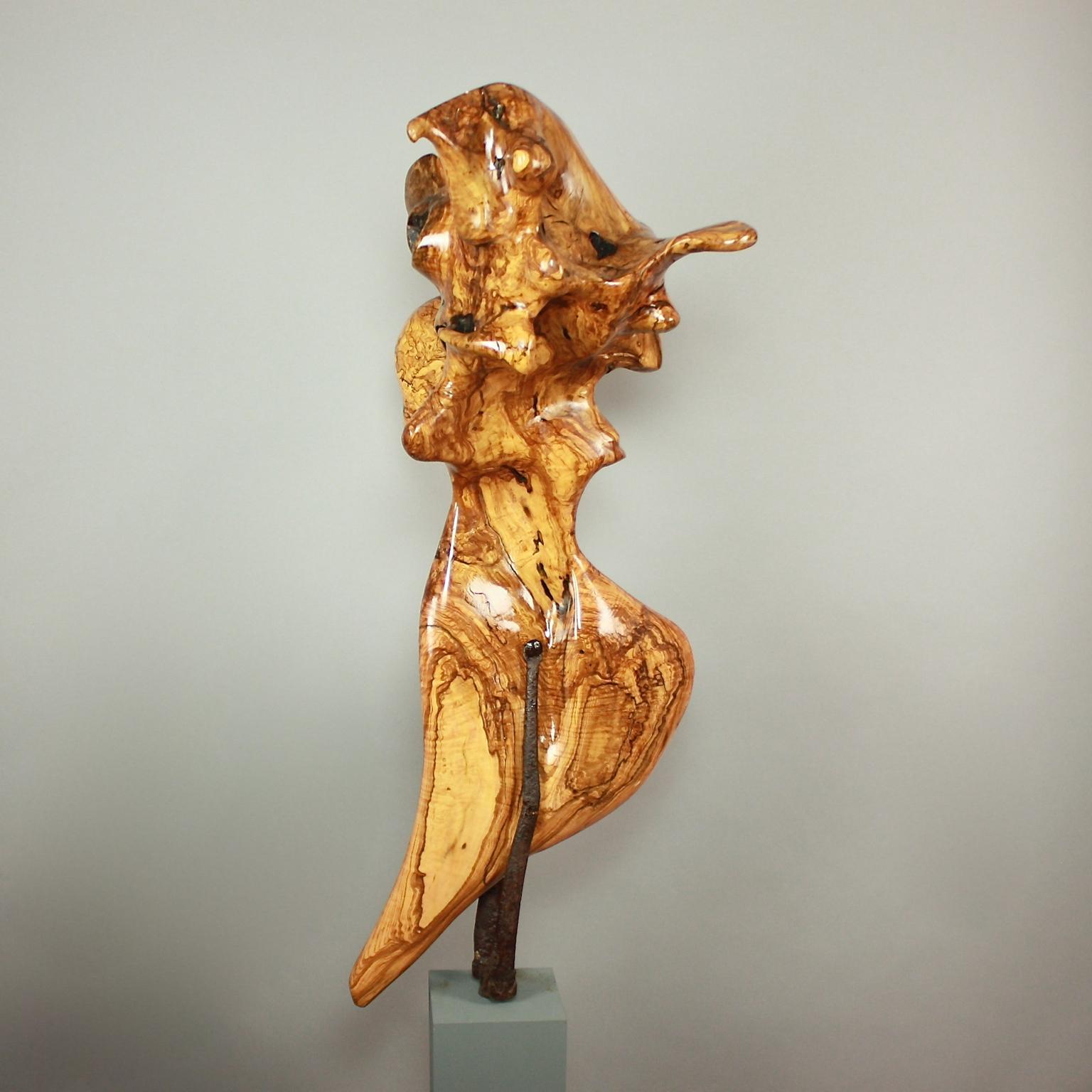 An abstract olivewood sculpture by an unknown artist, probably late 20th century or early 21st century. Following the grain of the wood the sculpture offers multiple views of the polished surface accentuating the vivid grain. The root structure of