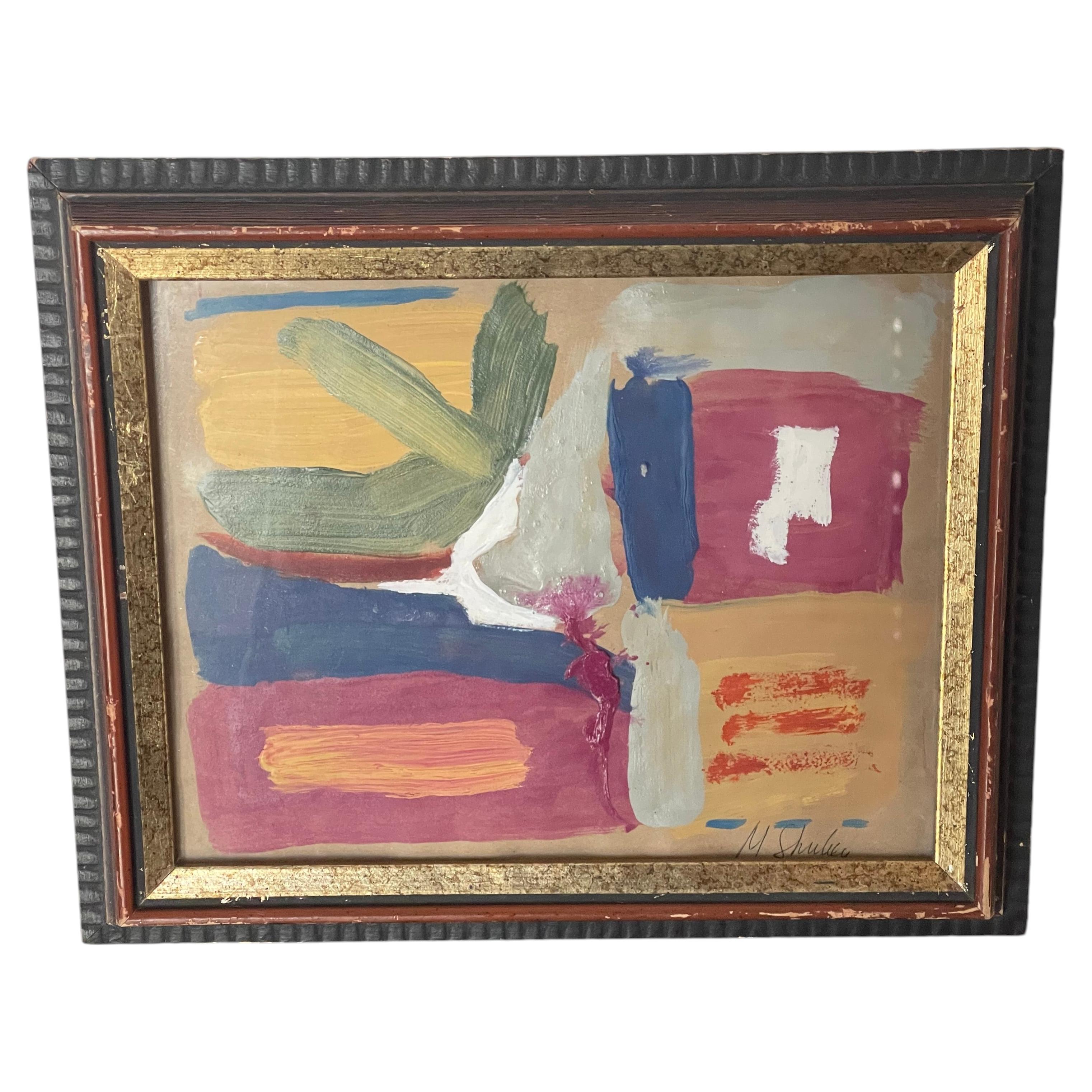 Abstract Acrylic on Brown Paper Painting in Old Frame