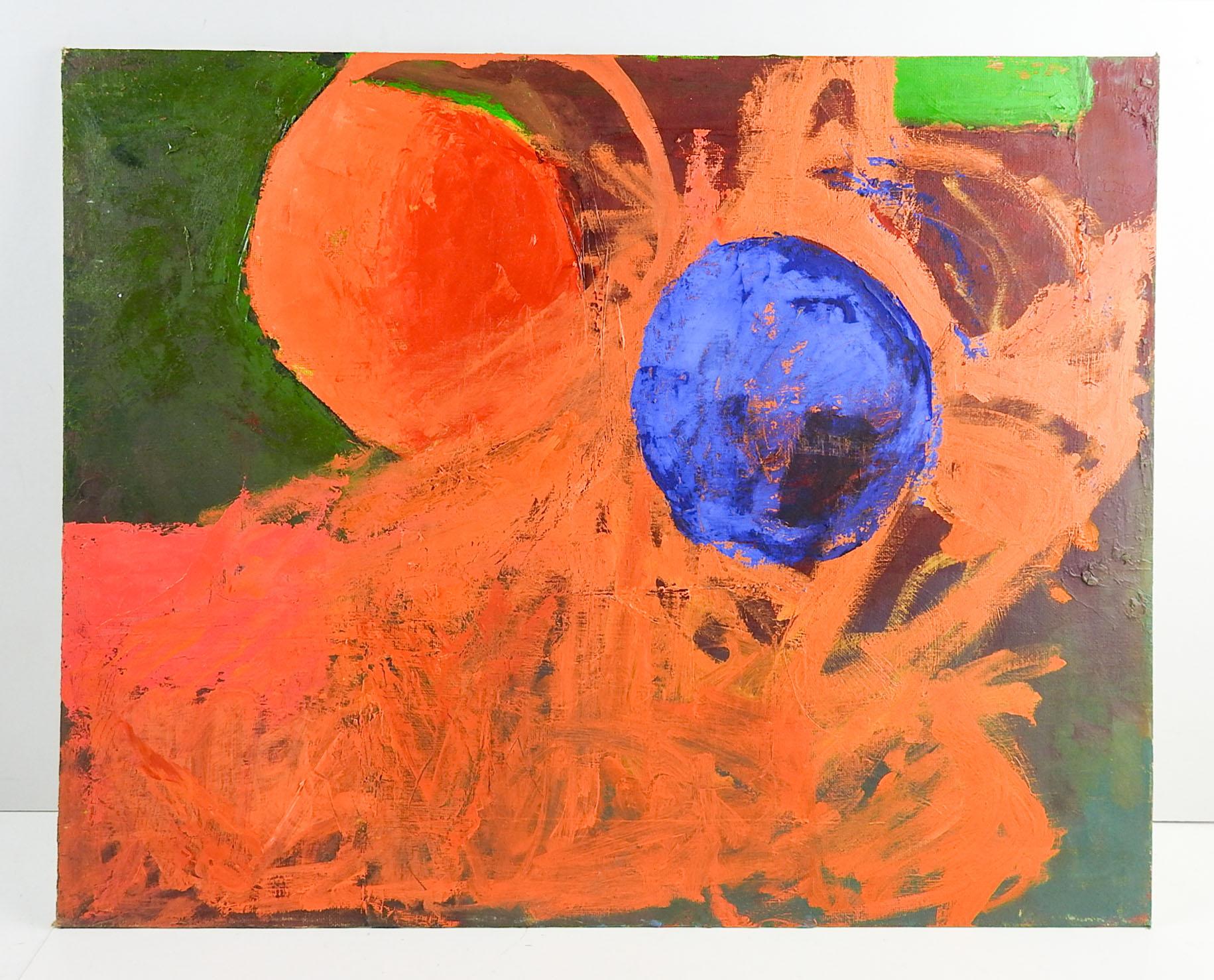 Sphères abstraites orange et bleues à l'huile sur toile de Bruce W. Clements (1936-2008) Mass. Non signé par la succession de l'artiste. Non encadré.