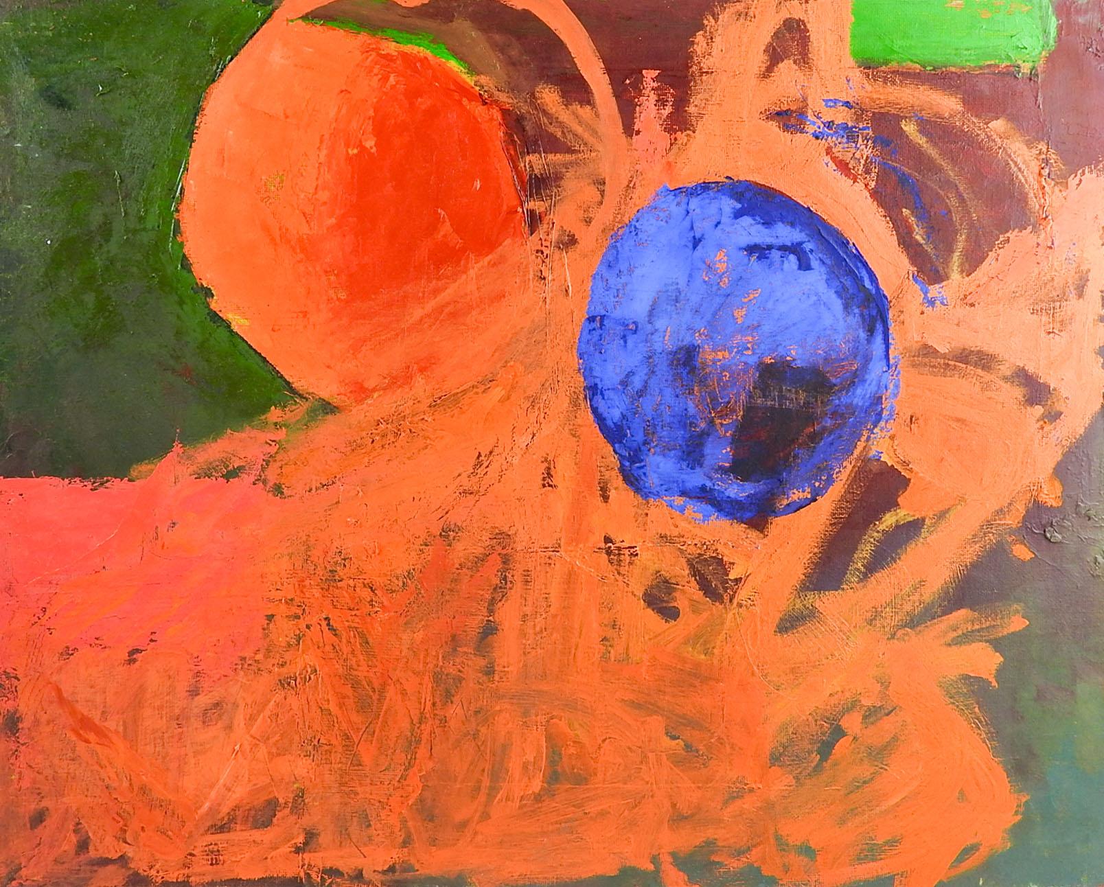 Moderne Peinture abstraite des sphères orange-bleu de Bruce Clements en vente