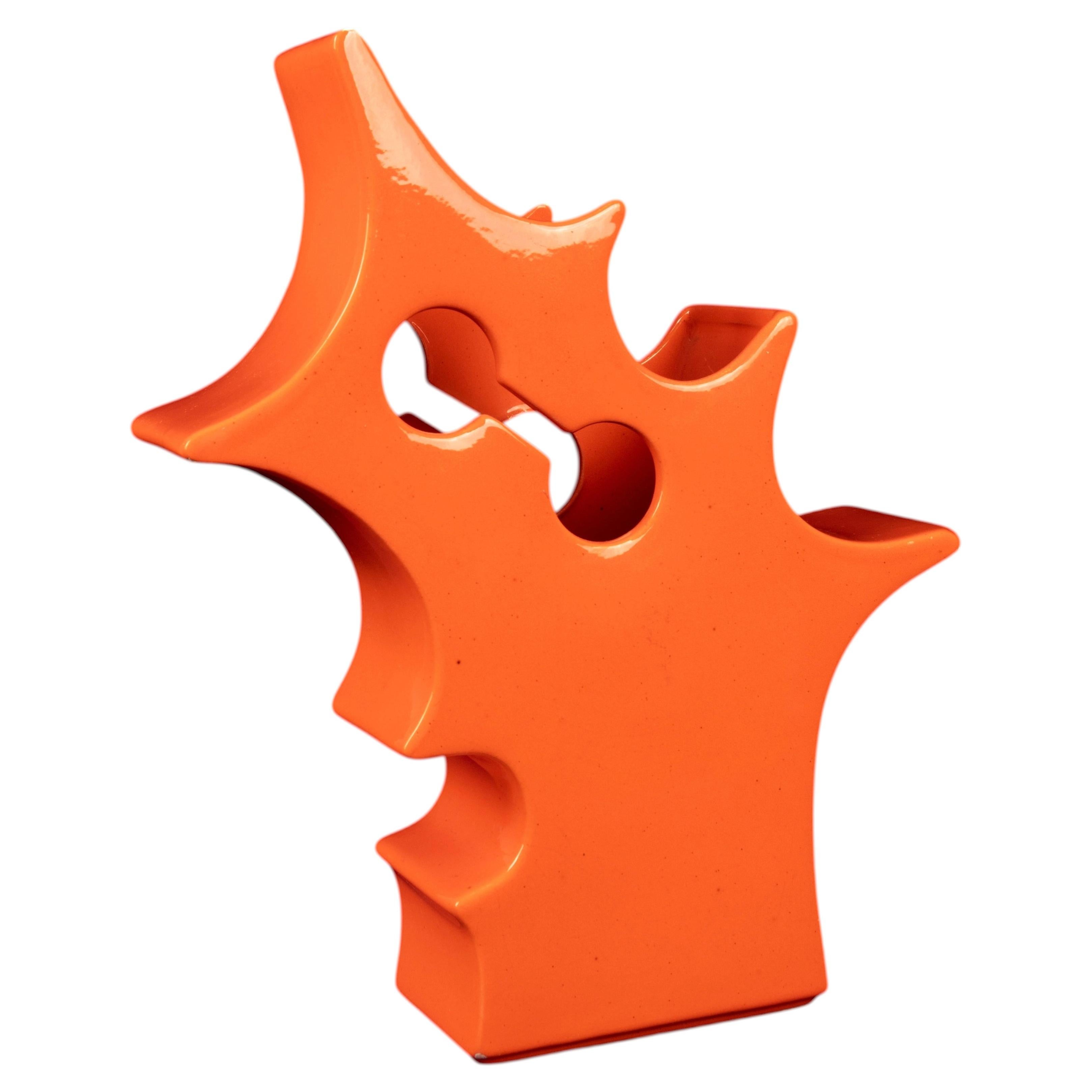 Abstract Orange Ceramic Sculptural Vase, Postmodern Space Age, Italy, 1980 in vendita