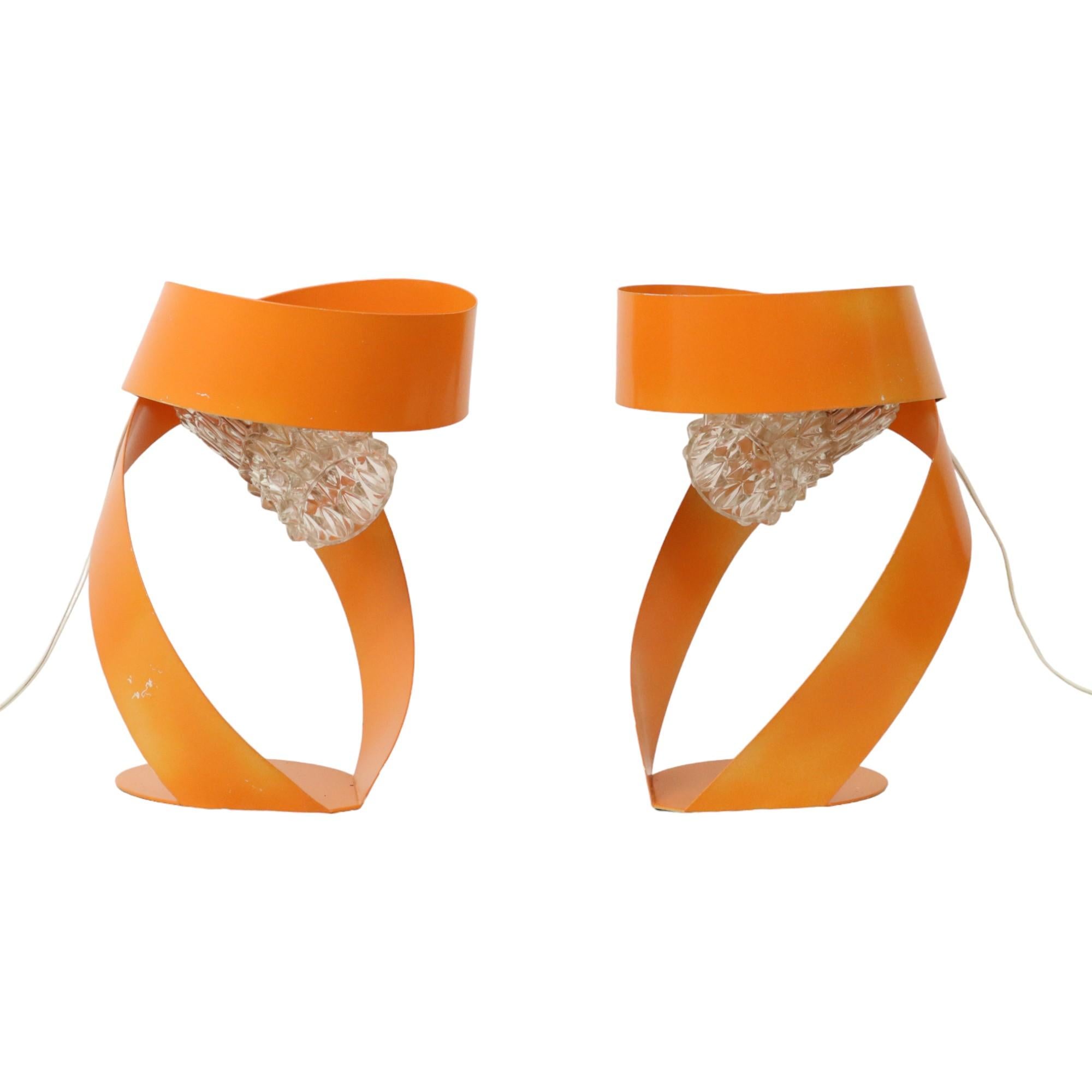 Space Age Abstract Orange Table Lamps Set of 2 Shaped Metal Sixties For Sale