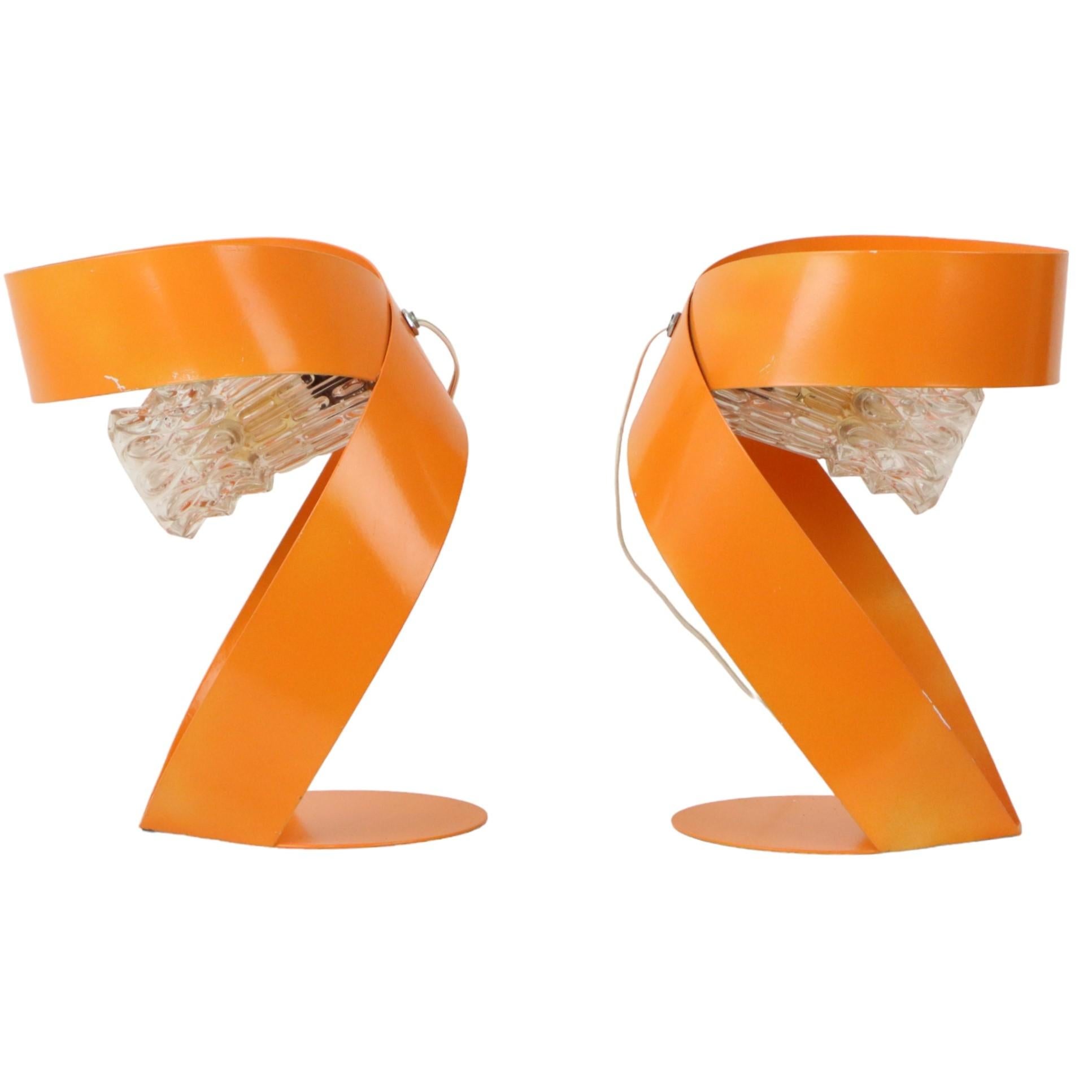 Hand-Crafted Abstract Orange Table Lamps Set of 2 Shaped Metal Sixties For Sale