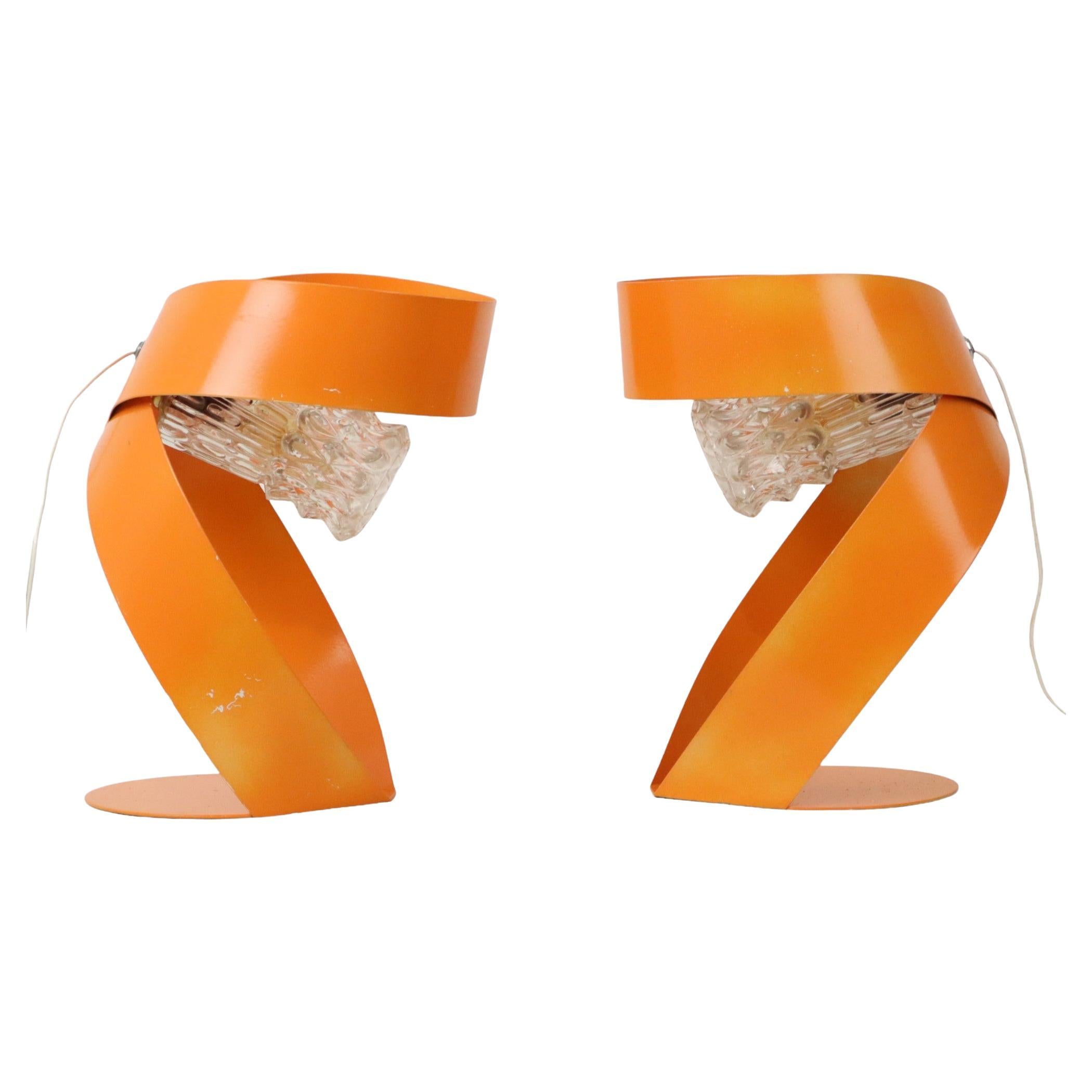 Abstract Orange Table Lamps Set of 2 Shaped Metal Sixties