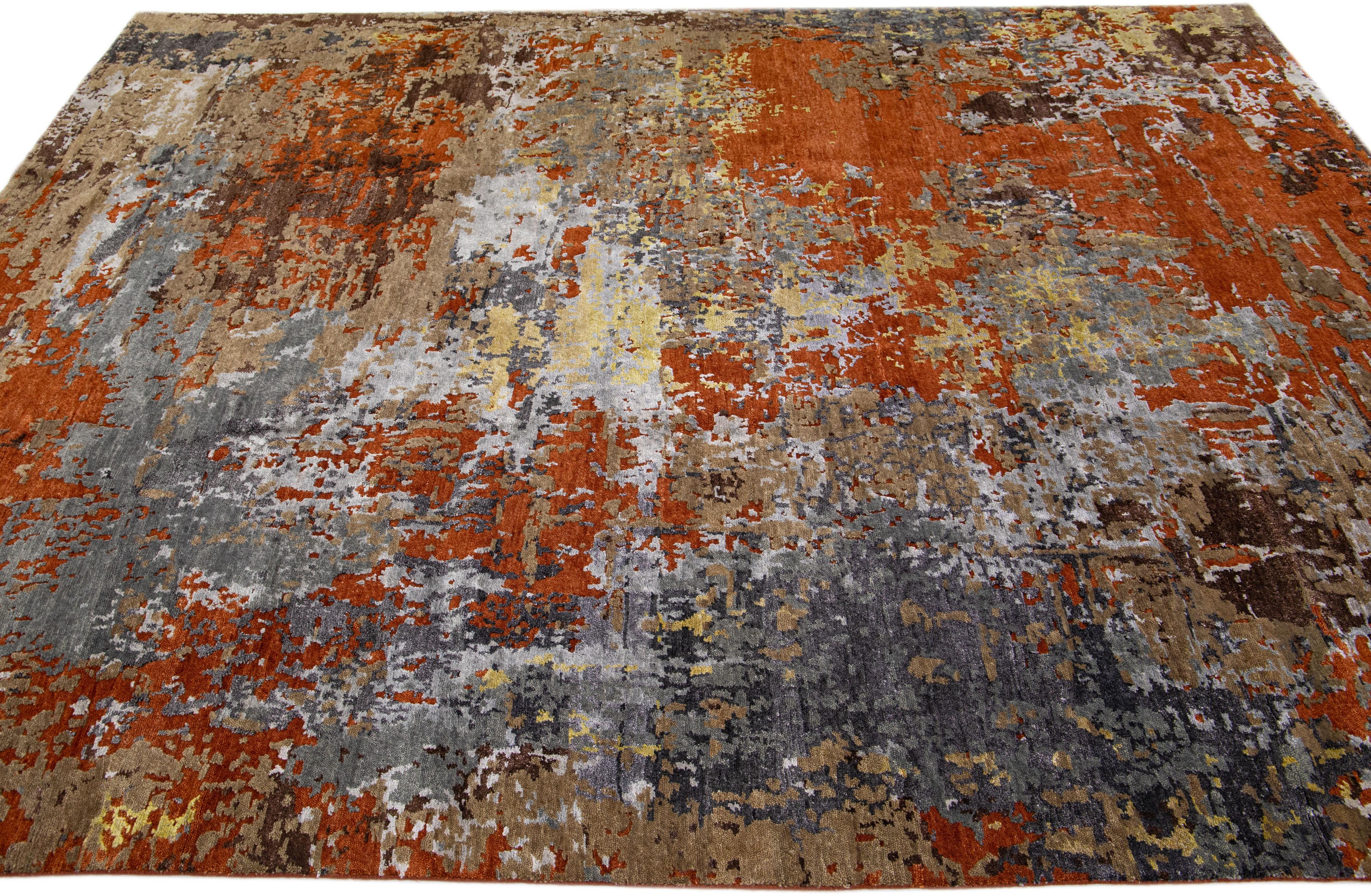 Indian Abstract Orange Wool & Silk Rosewood Rug For Sale