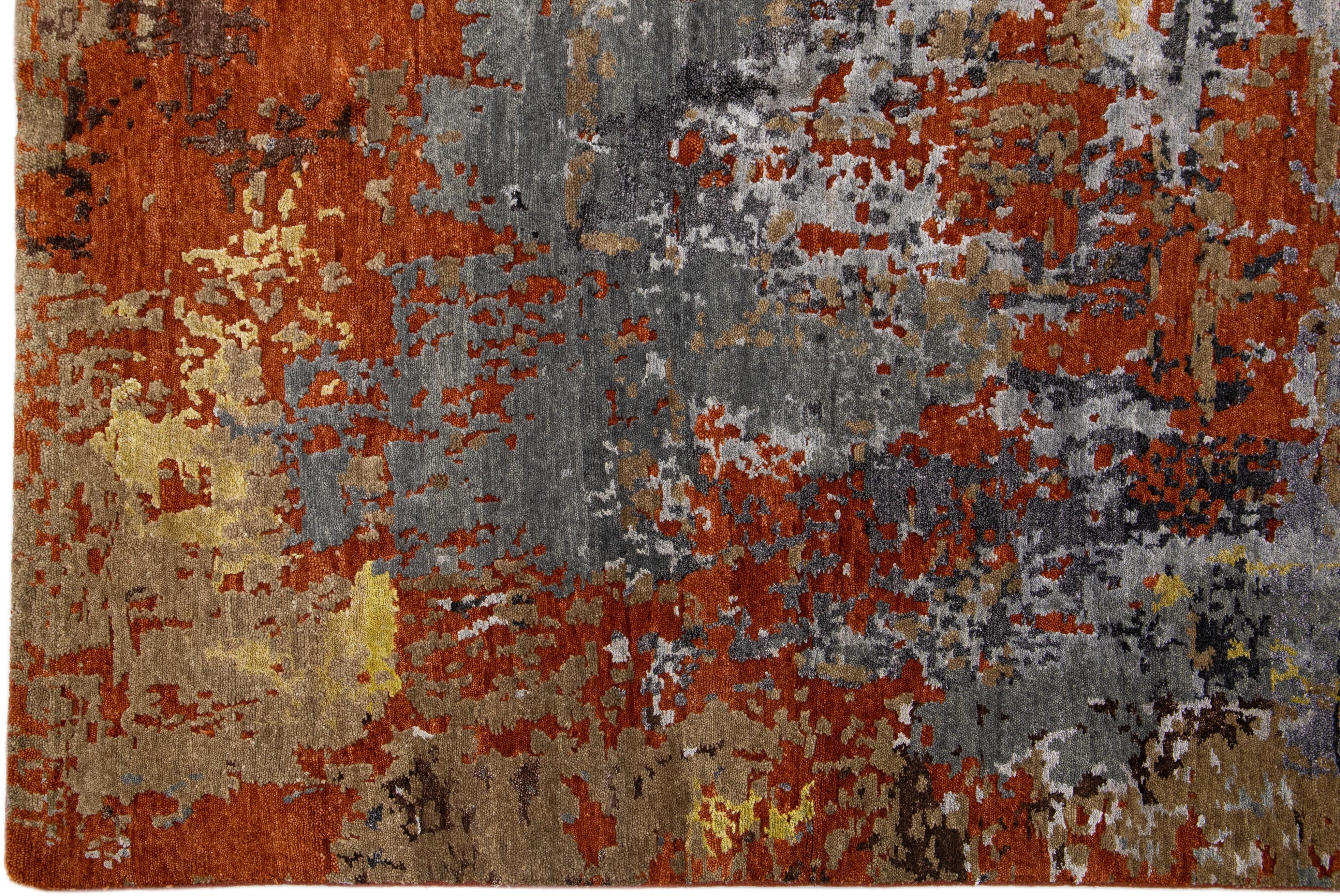 Hand-Knotted Abstract Orange Wool & Silk Rosewood Rug For Sale