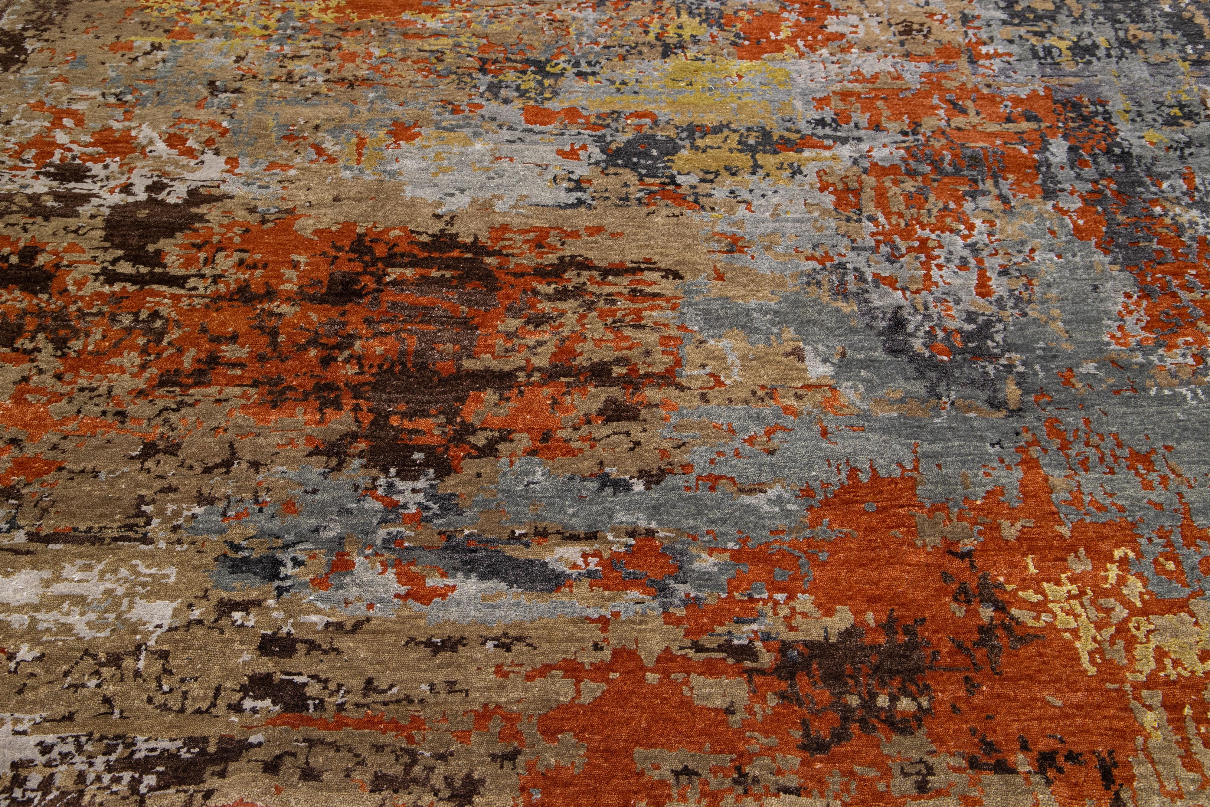 Abstract Orange Wool & Silk Rosewood Rug In New Condition For Sale In Norwalk, CT