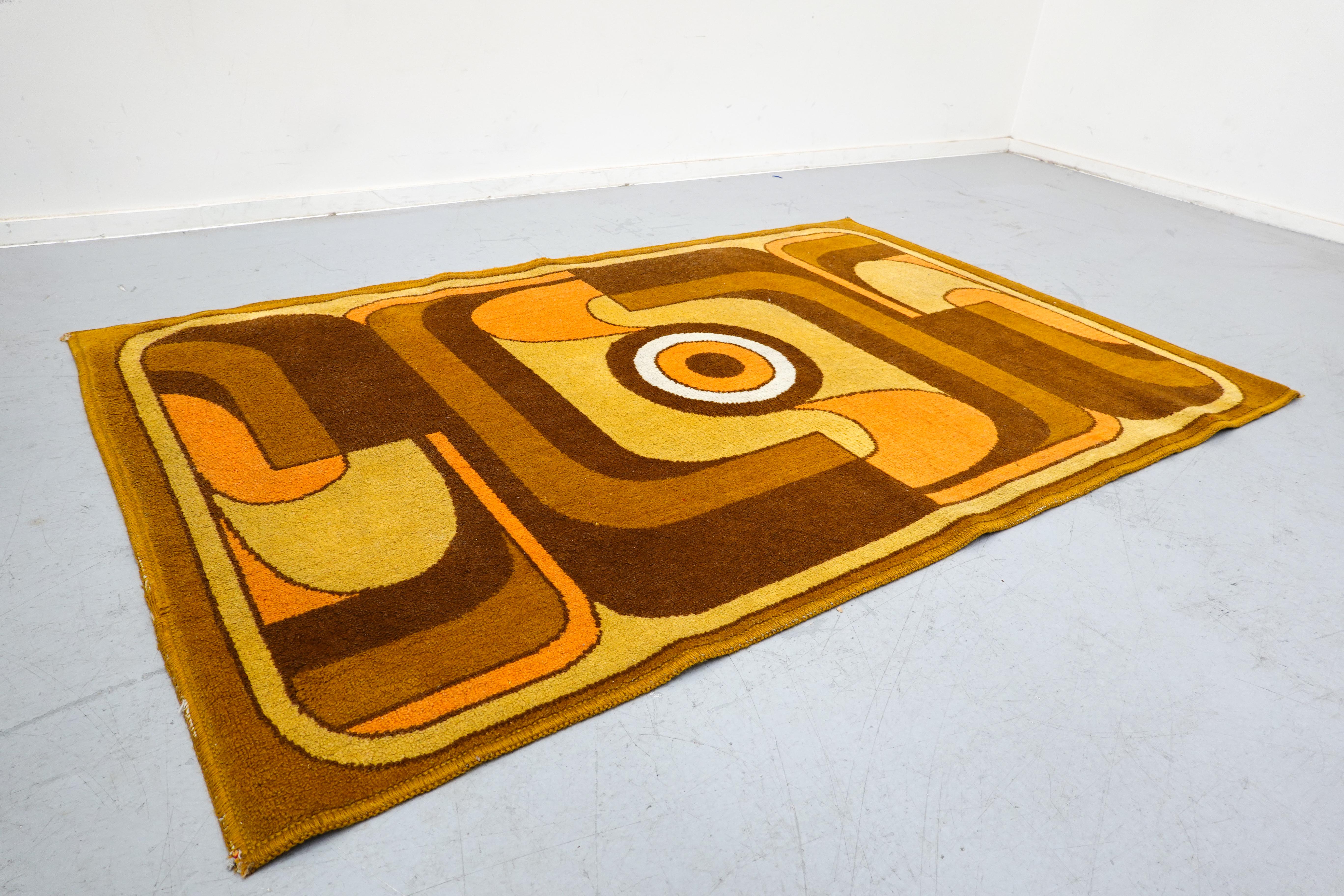 Mid-Century Modern Abstract Orange, Yellow and Brown Wool Carpet, 1970s For Sale