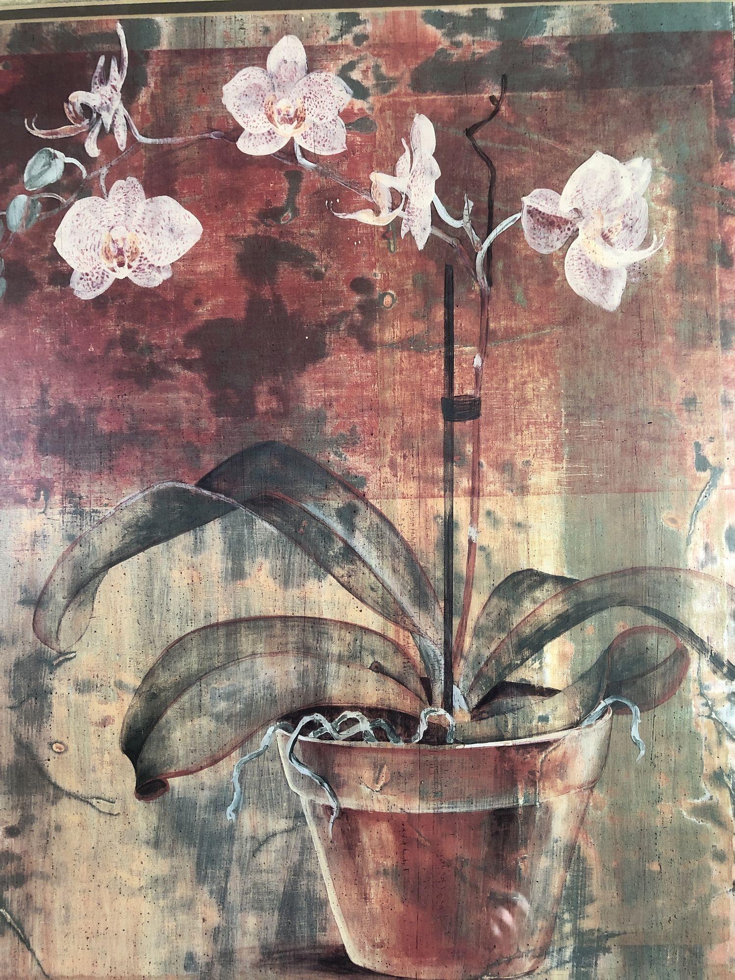 Abstrakte Orchidee in Vase Still-Leben Giclée Kunstdruck  in Goldrahmen
