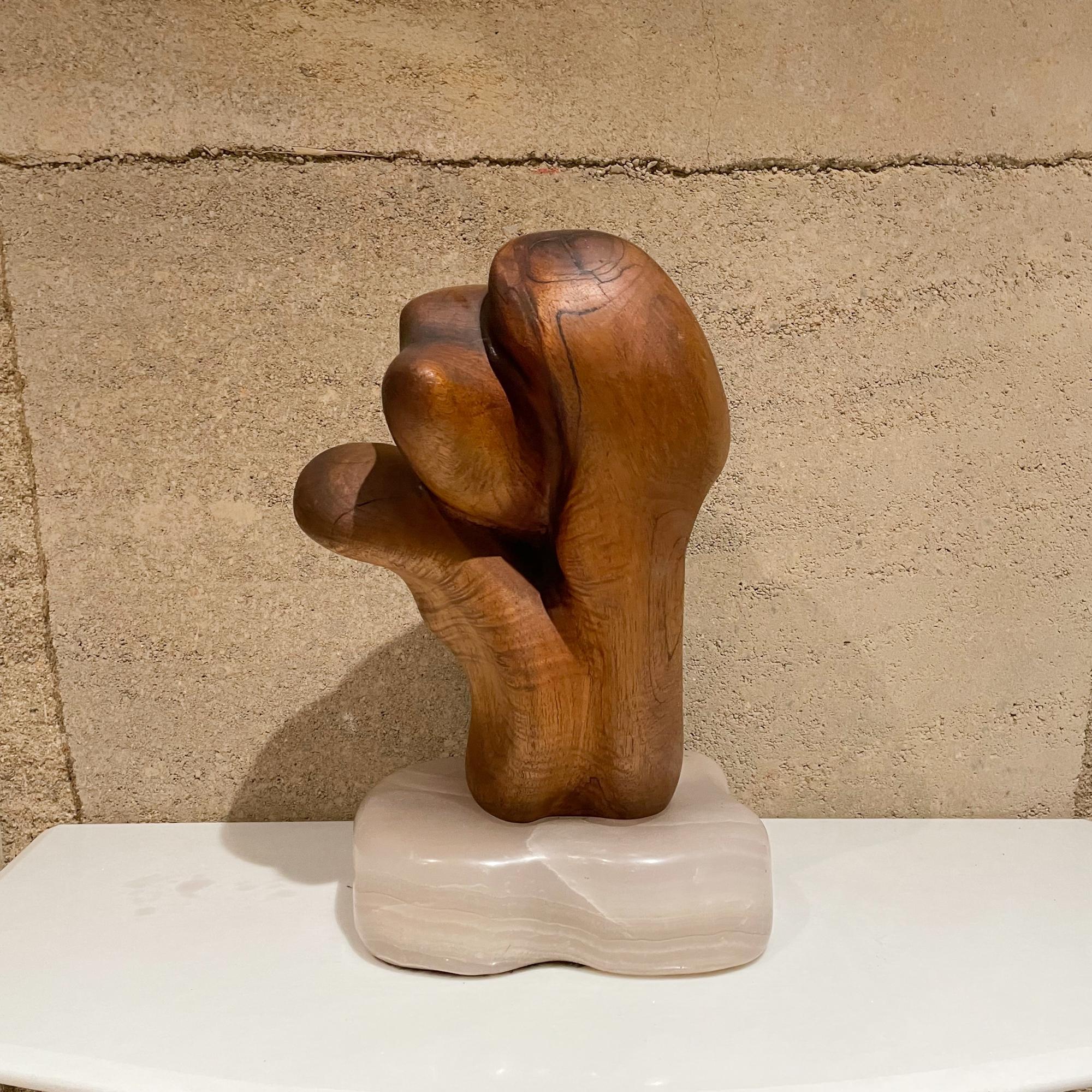 Sculpture
Abstract organic shape exquisite wood grain sculpture mounted on white translucent sculptural stone base
Unsigned. circa 1960s
Measures: 16 tall x 9.75 x 7 d inches 
Original unrestored vintage condition with natural patina.
Please refer