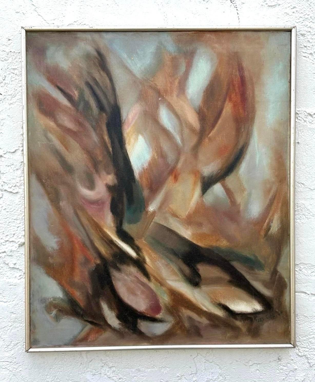 A stunning vintage Boho original oil painting on canvas. A brilliant Abstract in soft muted colors. Signed by the artist. Acquired from a Palm Beach estate.