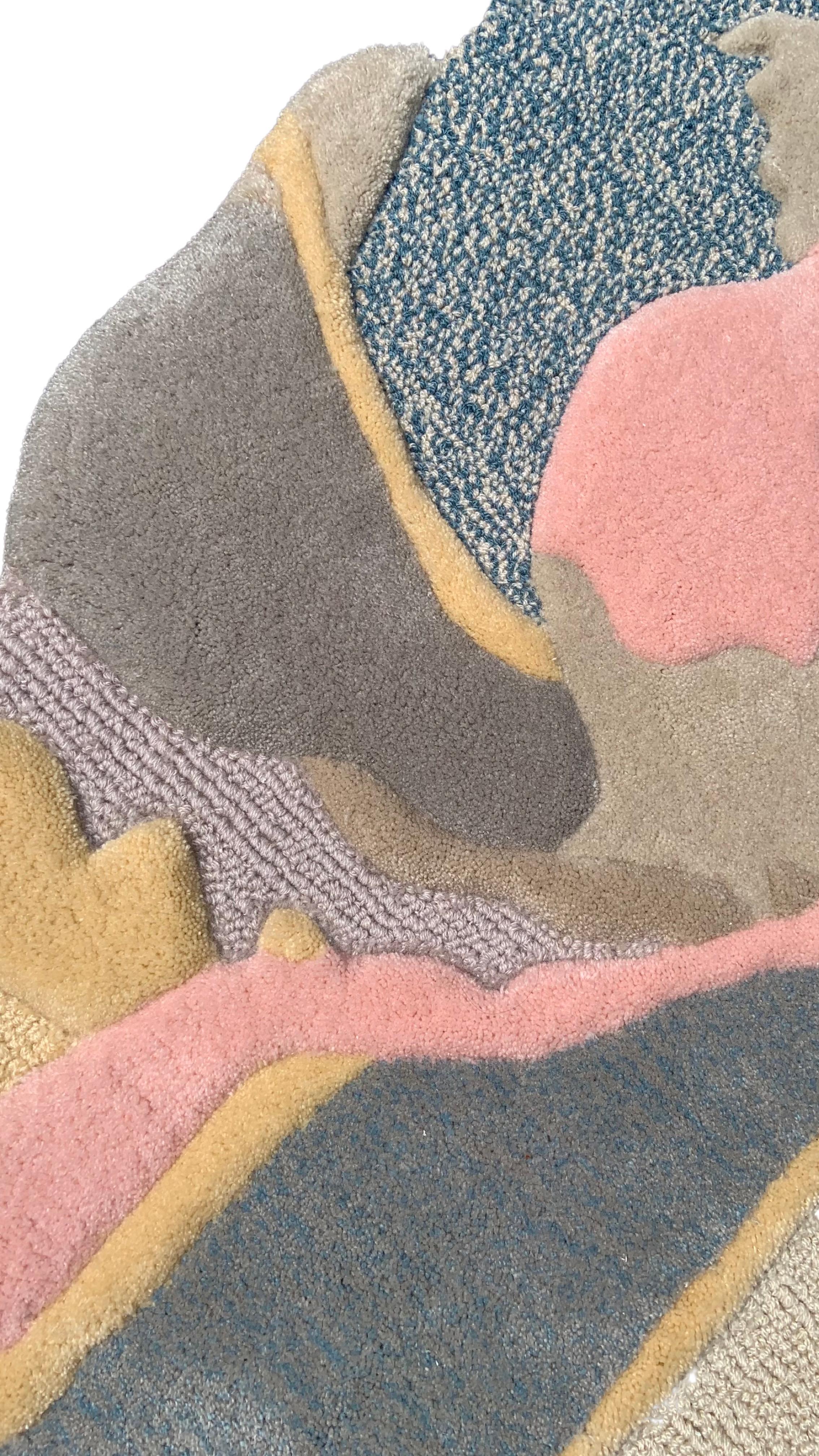 Indonesian Abstract Oval Textured Hand Tufted Wool Pastel Colours Pink Blue Ivoy Rag Home For Sale