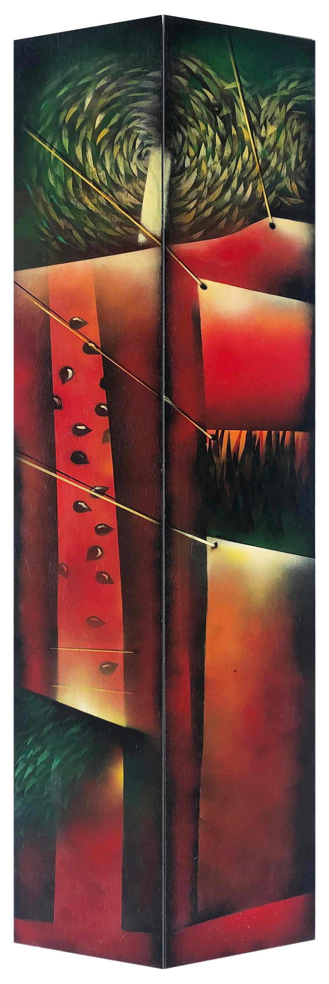 Abstract Painted 2-Panel Screens by Pedro Damian Cuban-American Artist, Pair In Good Condition In Miami, FL