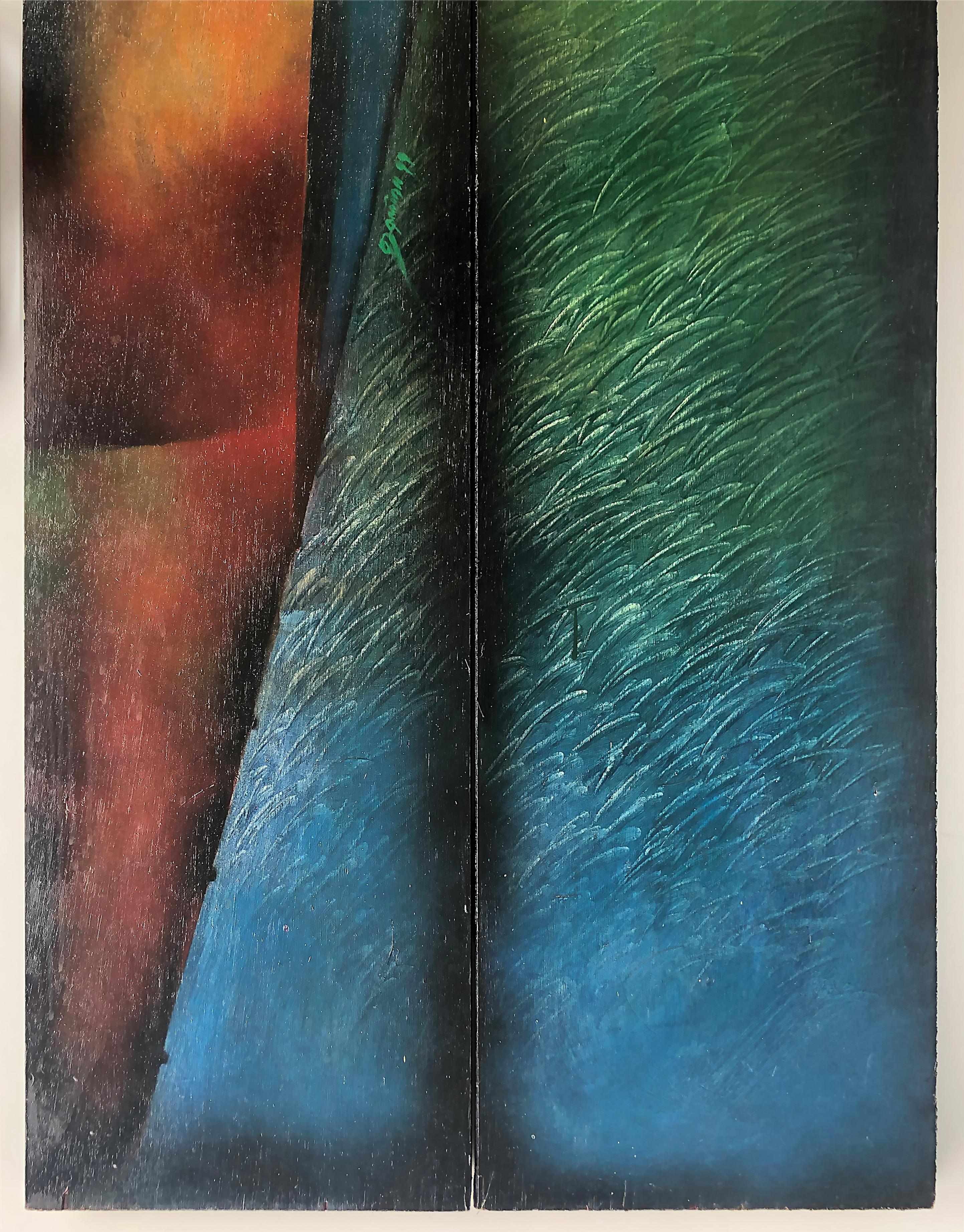 Abstract Painted 2-Panel Screens by Pedro Damian Cuban-American Artist, Pair 2