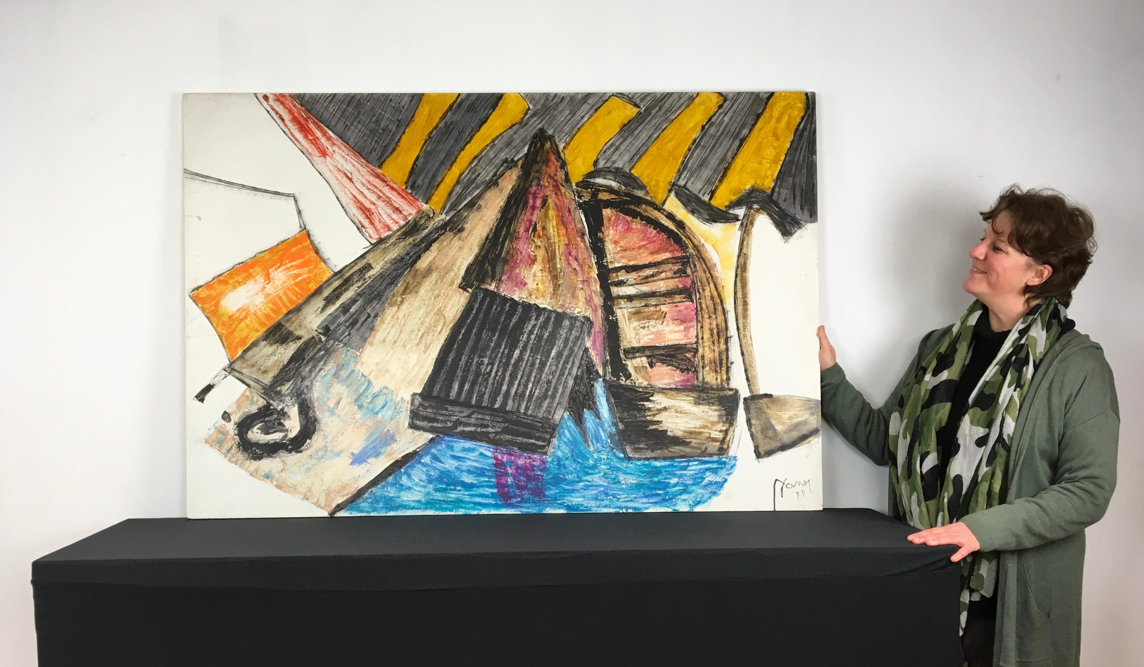Œuvre d'art abstraite peinte avec des bateaux par l'artiste anversois Yann. 
Cette œuvre polychrome sur bois, très expressive et colorée, date de 1988 et a été signée par lui.
Vous pouvez voir des bateaux - des voiliers - dans l'eau ou la mer, de