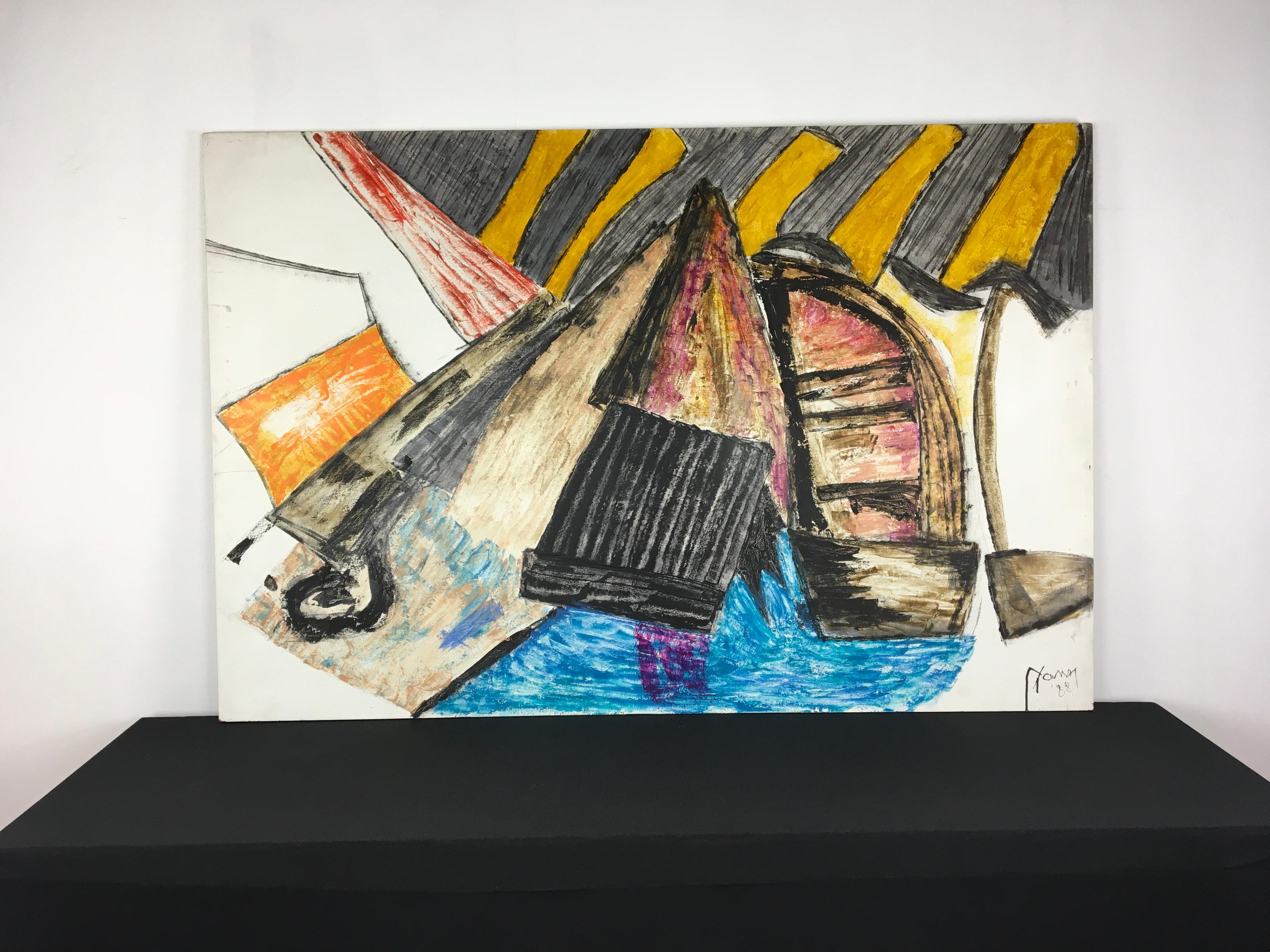 Modern Abstract Painted Artwork with Boats , Yann, 1988, Antwerp For Sale