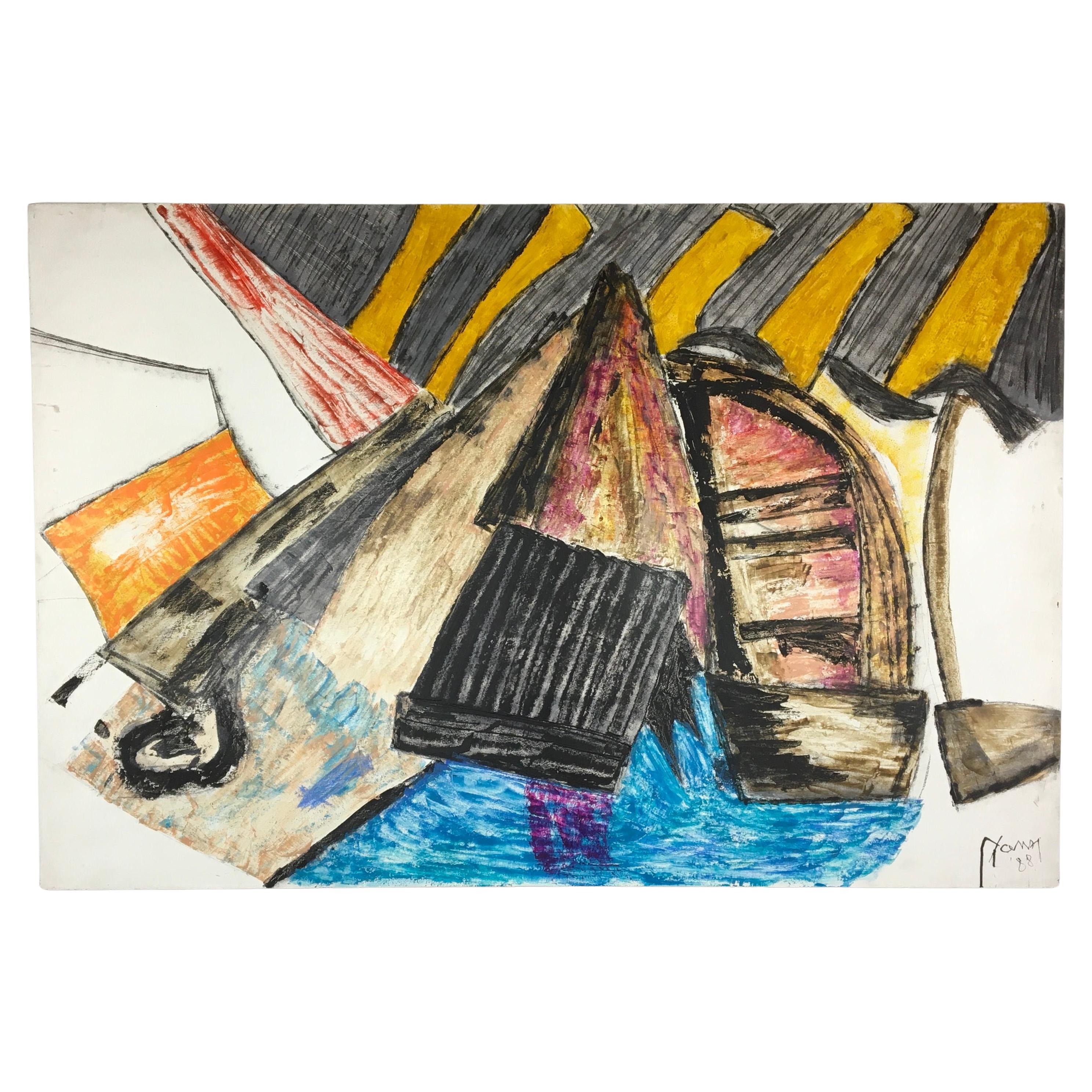 Abstract Painted Artwork with Boats , Yann, 1988, Antwerp For Sale