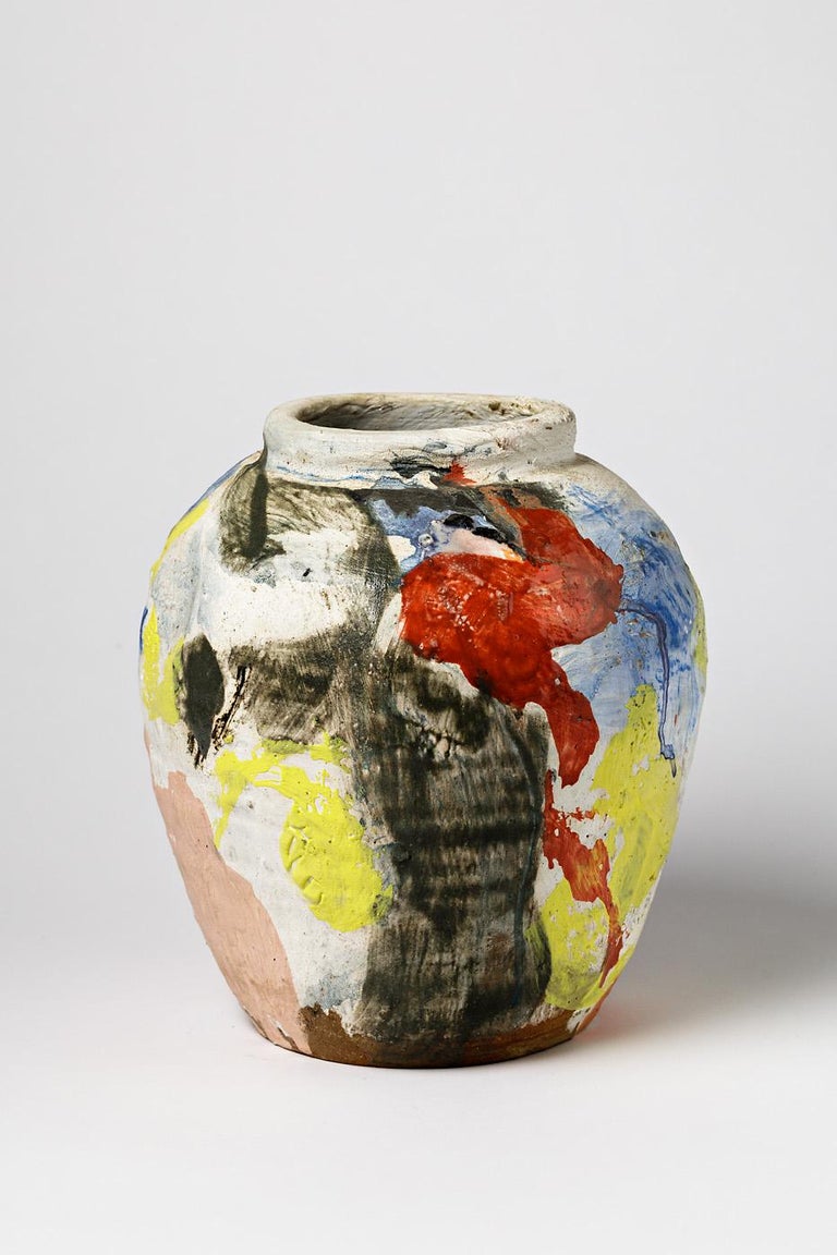Abstract Painted Ceramic Vase by Claude Varlan circa 1980 White and Red