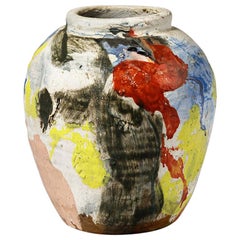 Abstract Painted Ceramic Vase by Claude Varlan circa 1980 White and Red Colors