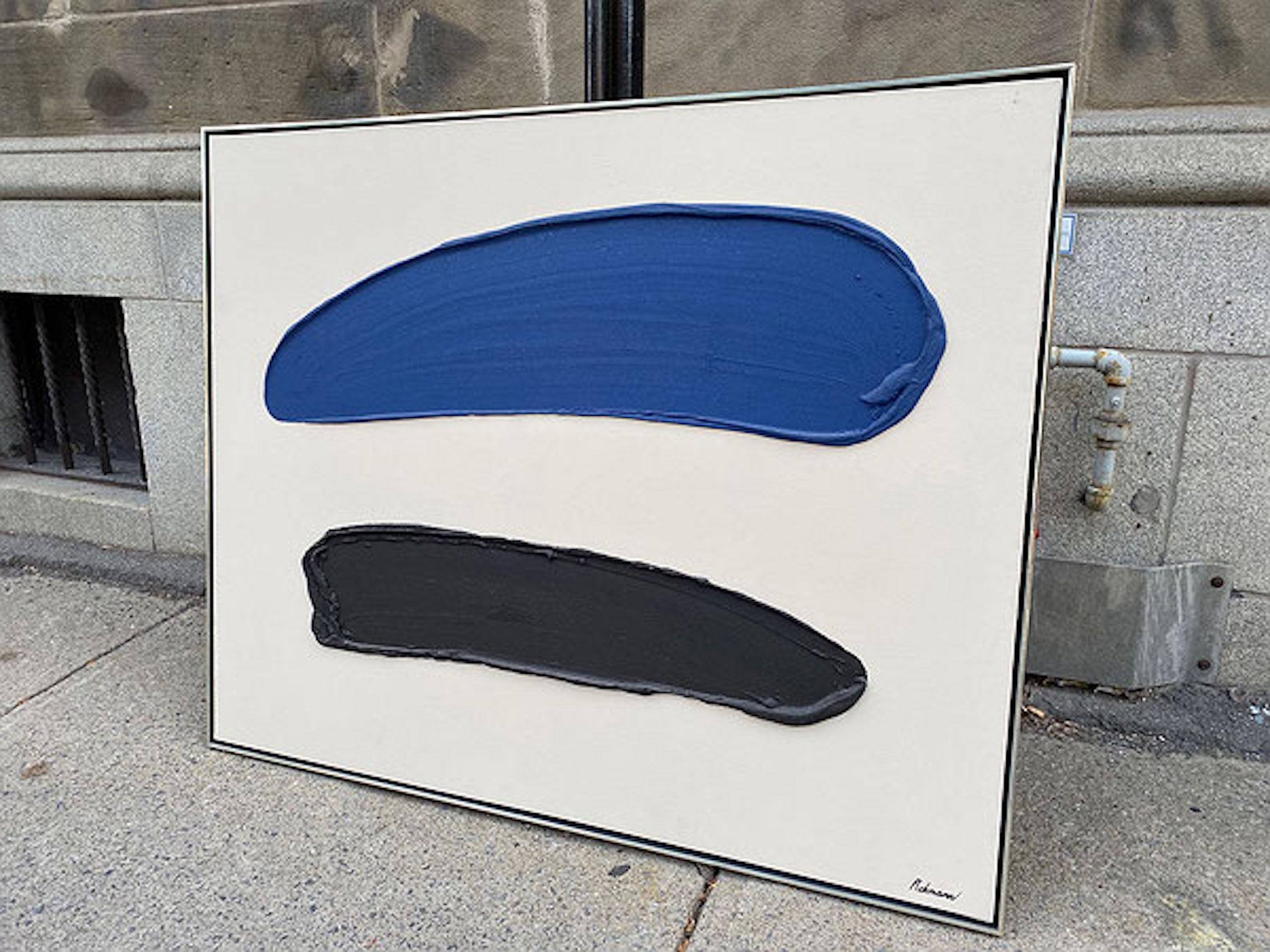 Peinture abstraite noire et bleue sur fond blanc acrylique sur toile de Rohmann Signée : 