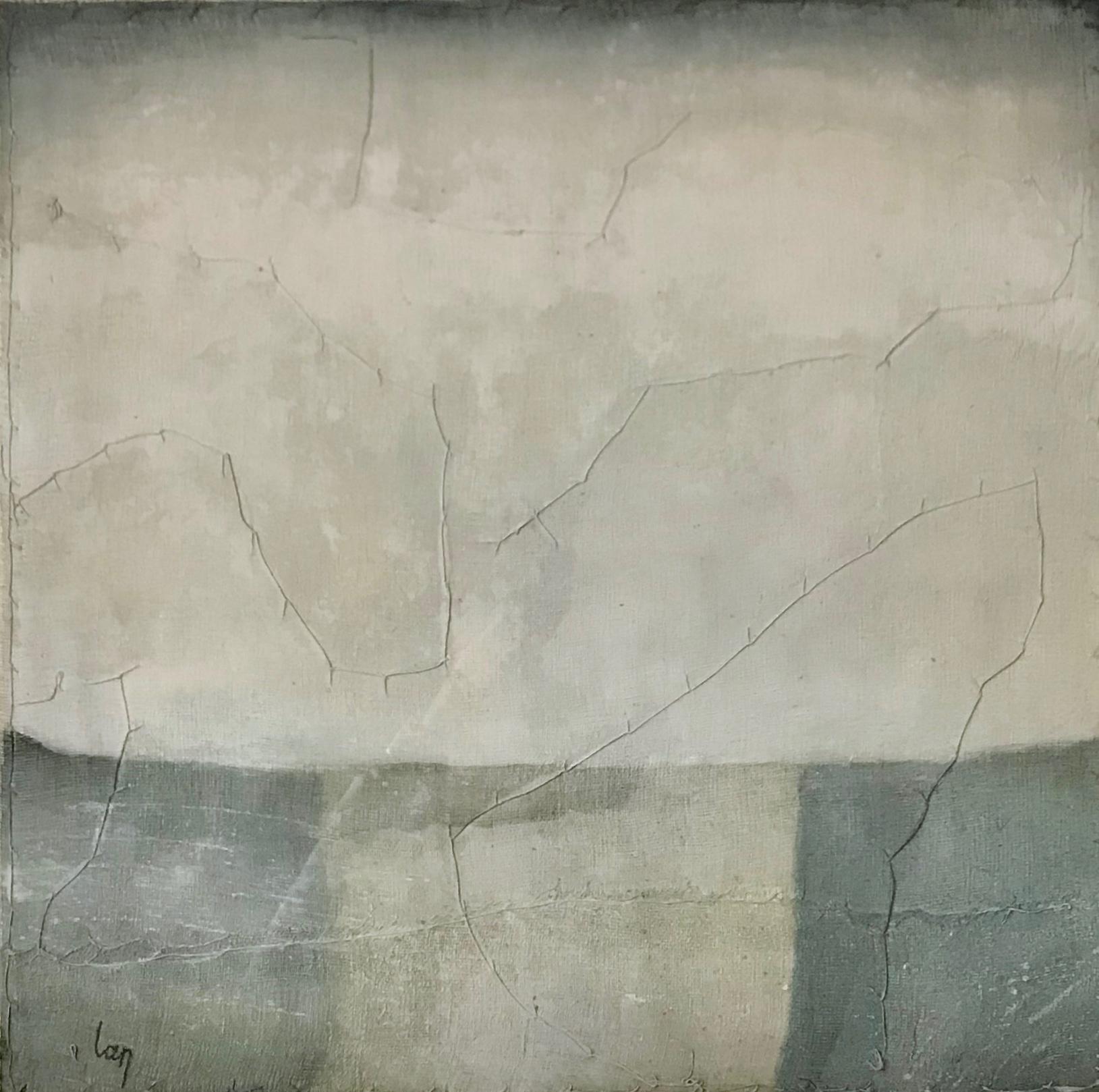 Contemporary abstract painting by Belgian artist Diane Petry.
The artist creates her own three layer canvas using pima cotton, gauze and fine paper. Raw edges and extra thread add texture.
The colors in this painting are white with shades of