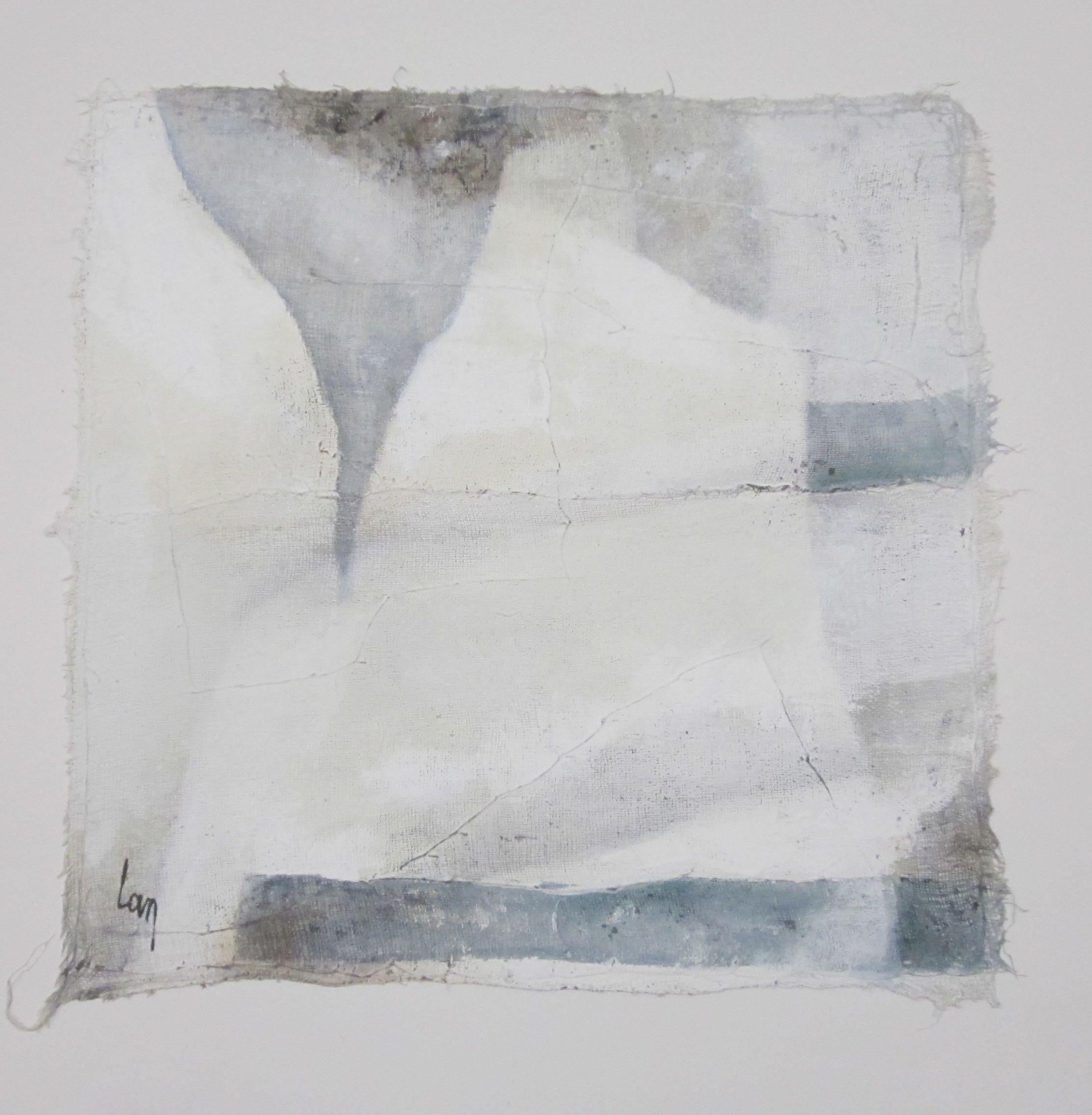 Contemporary abstract acrylic painting by Belgian artist Diane Petry.
Colors are grey, shades of white and blue.
The artist creates her own three layer canvas using pima cotton, gauze and fine paper.
Raw edges and extra thread add texture.
All
