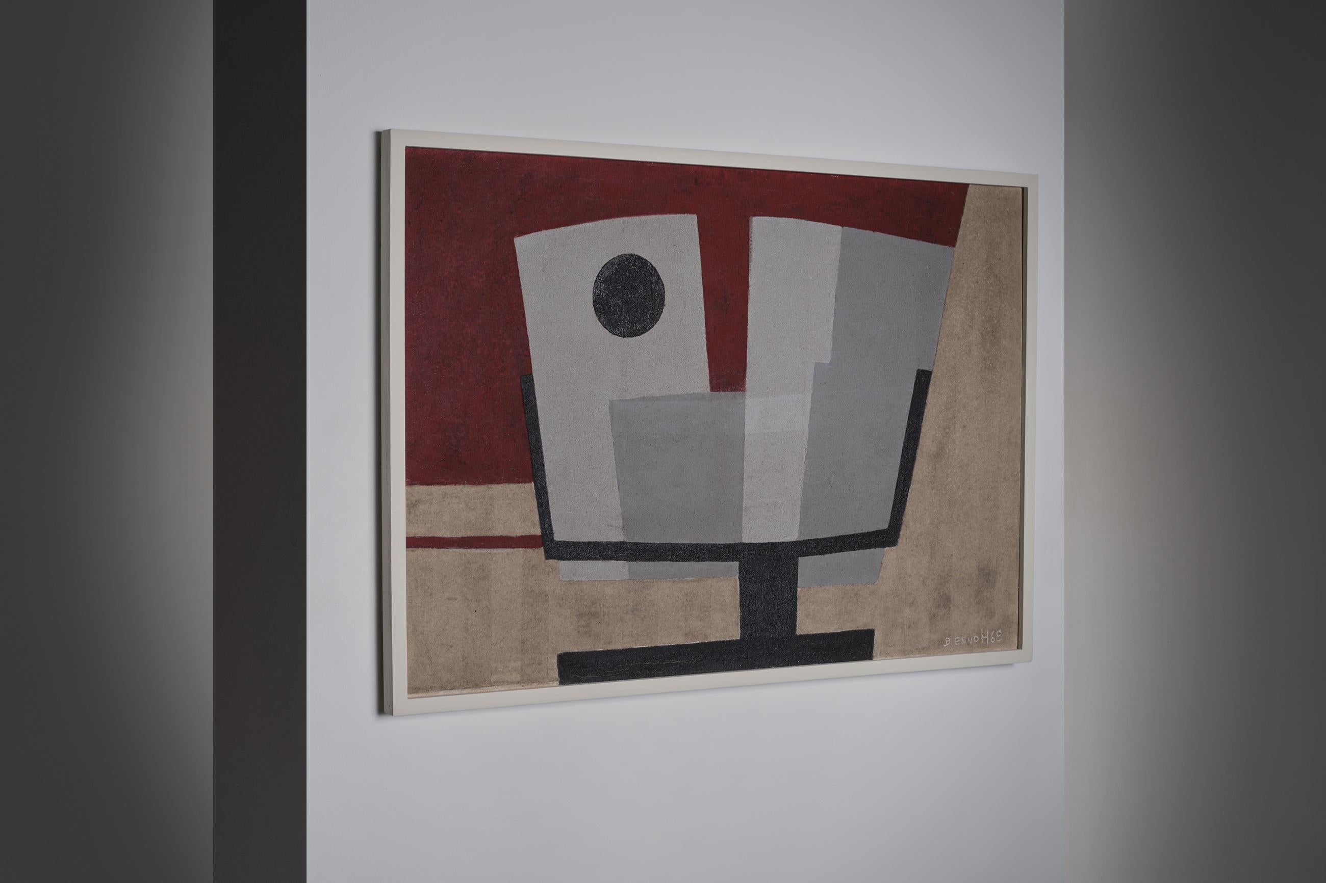 Abstract constructivist painting by B.J. Helders, the Netherlands, 1968. The painting is made in several thick layers of structured paint in a fabulous color scheme; ox blood, several shades of grey, black and sand. The sand colored part shows a