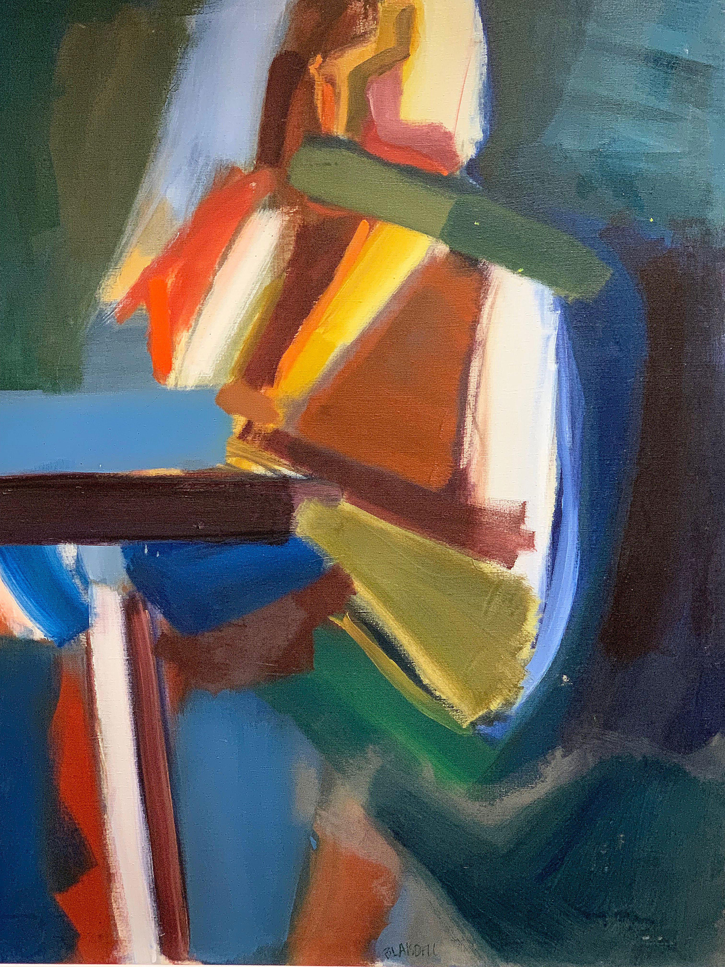 Quadro astratto in acrilico su tela di Blaisdell. Questo quadro mostra molto movimento, ha un'ottima composizione e un uso ben bilanciato del colore. Nelle immagini da 3 a 11 evidenziamo le aree con le imperfezioni più visibili, dove la vernice è un