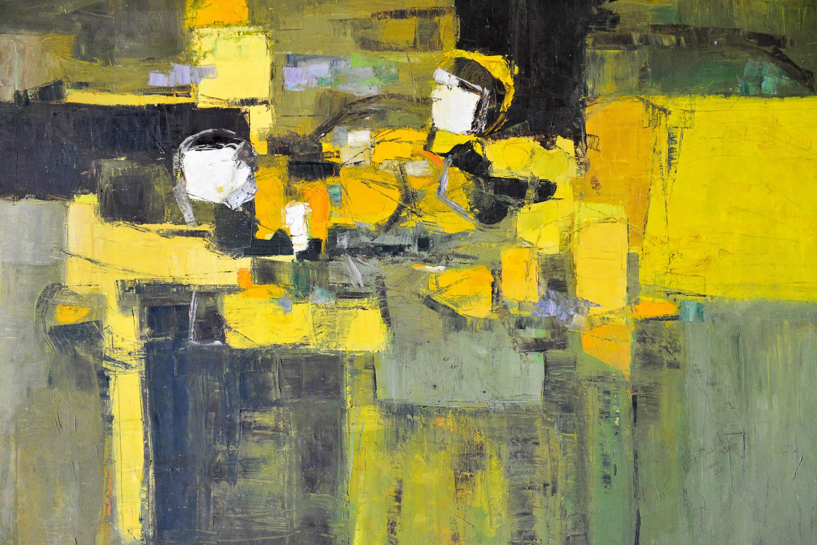 Abstract acrylic on canvas painting by California Artist Gail Wong, ca. 1970. Beautiful greens, yellows and tans featured in this large original oil titled 