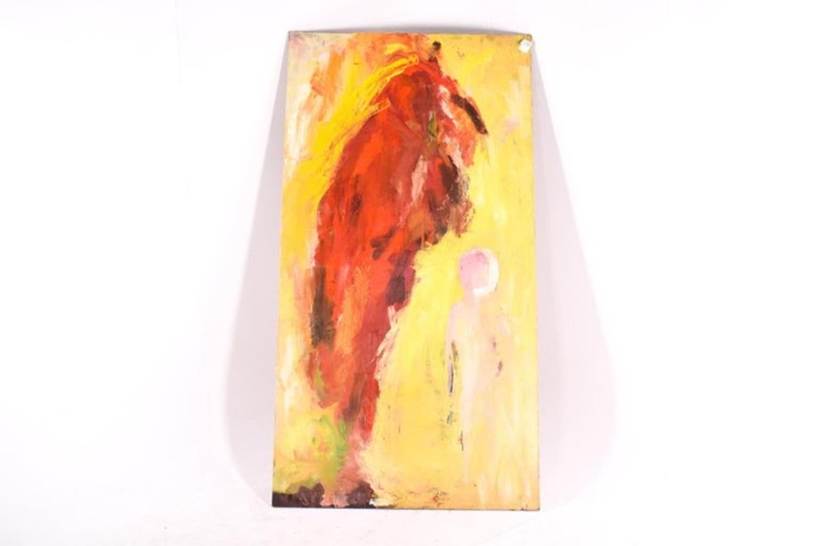 This 1994 Abstract Expressionist acrylic painting captures a vivid and dynamic composition, characterized by its bold use of color and expressive technique. Bright hues of red, orange, green, and yellow dominate the canvas, blending and overlapping