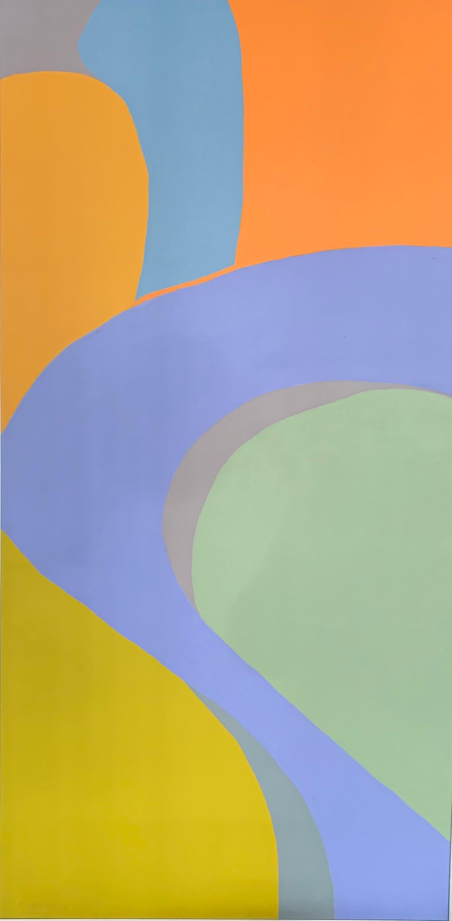 This abstract painting with orange, yellow, blue, green, periwinkle and grey tones still falls under artist Jackie Carson's hard edge style while reflecting organic, curvy shapes. Carson's signature can be found at the bottom left of the painting.