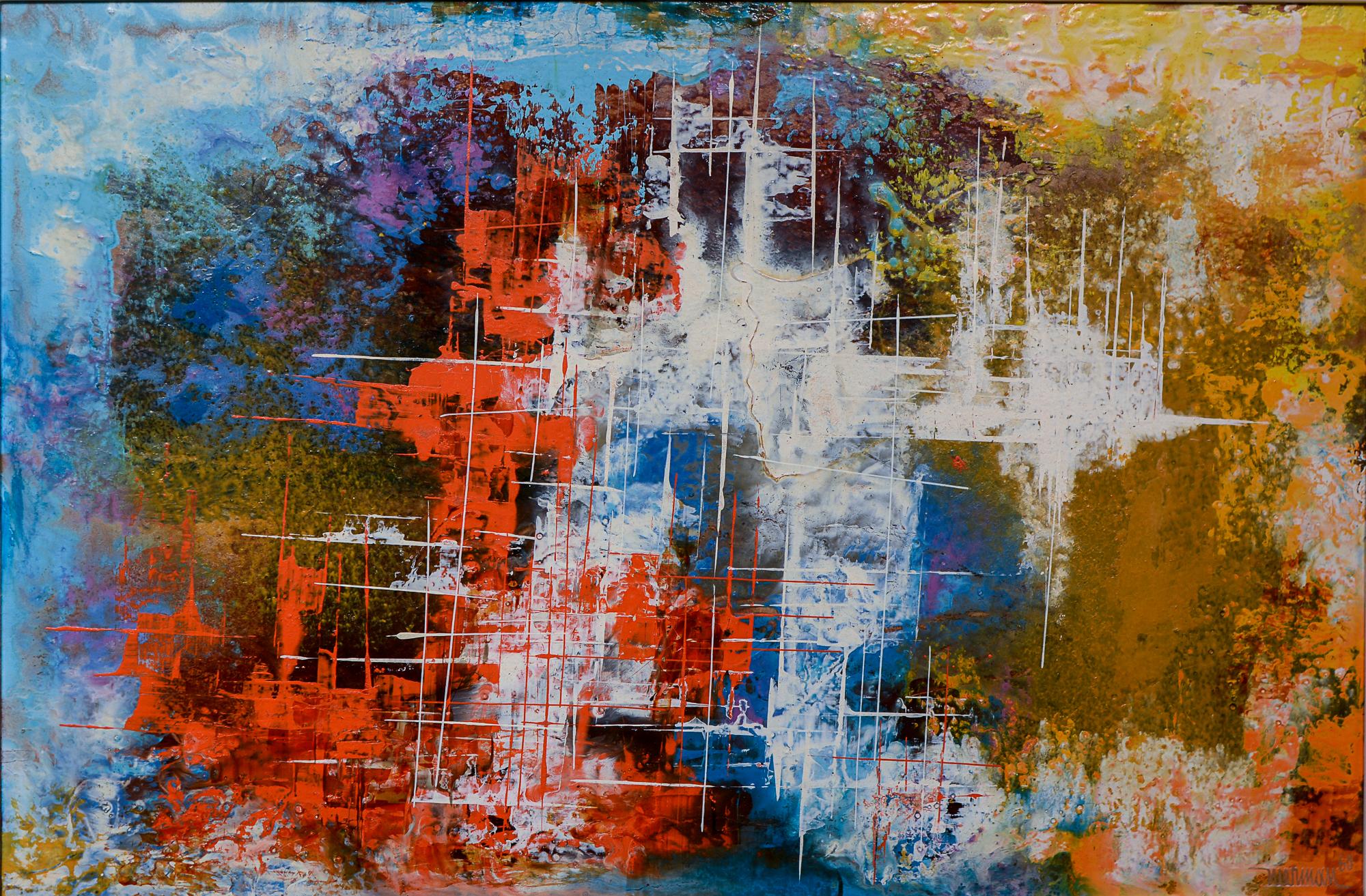 Oil on board abstract painting by Leonardo Nierman (1932-2023). The painting is titled on the back City Abstracture (Compostion #28). There are remnants of an exhibition label. The sight dimensions of the painting are 23.5 inches by 15.5 inches. The