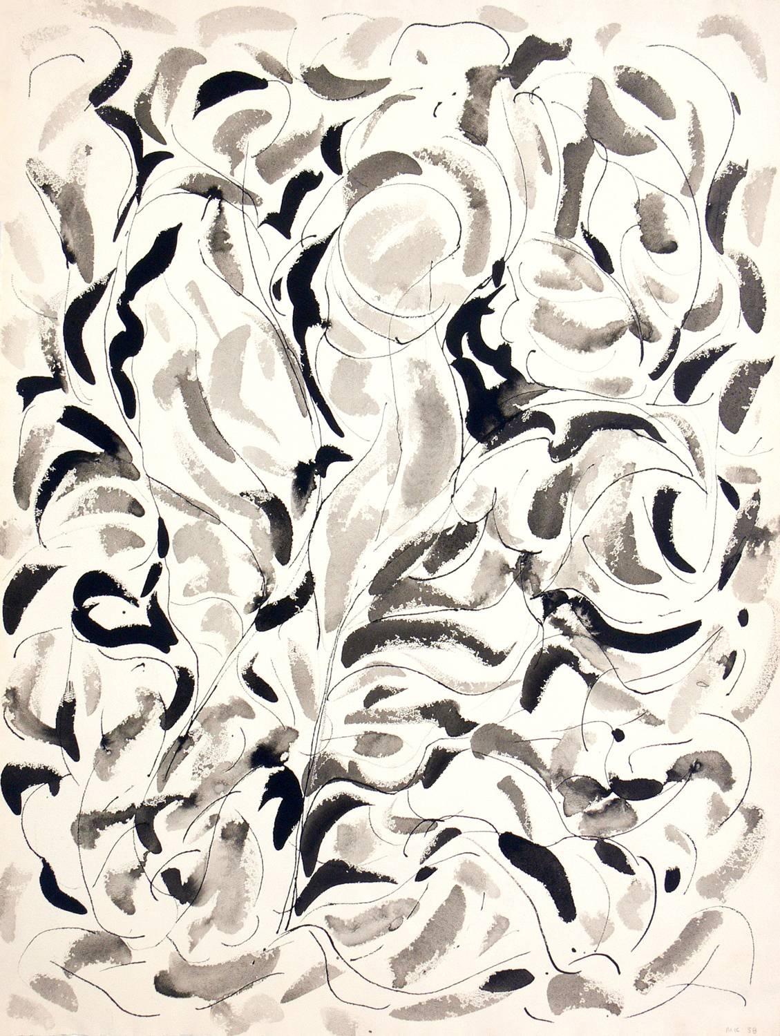 Peinture abstraite de Miriam Kubach, américaine, vers les années 1960. Elle est exécutée sur papier et a été encadrée professionnellement sous verre résistant aux UV dans un cadre de galerie laqué noir et propre.